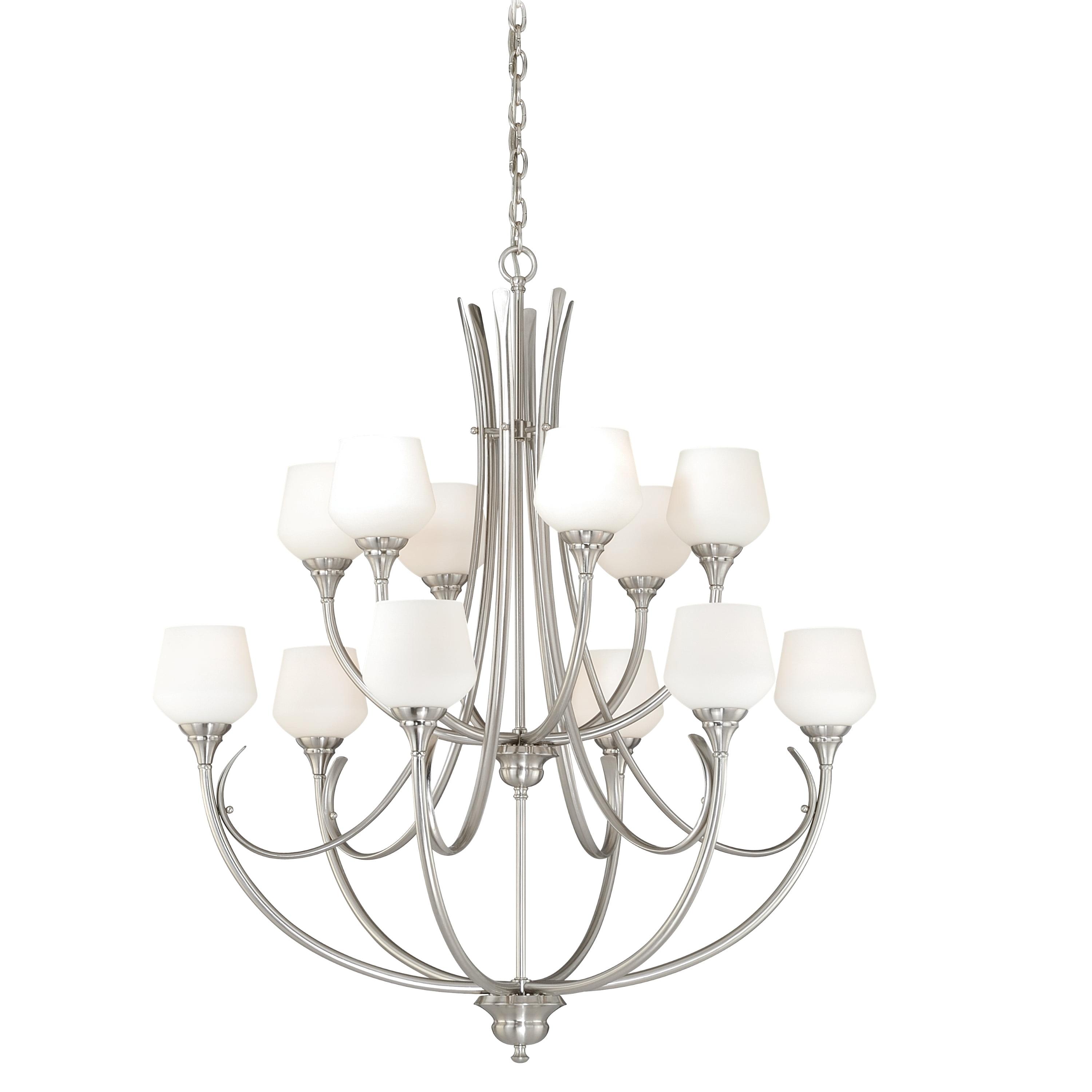 Grafton Satin Nickel 12-Light 2-Tier Chandelier with Frosted Opal Glass