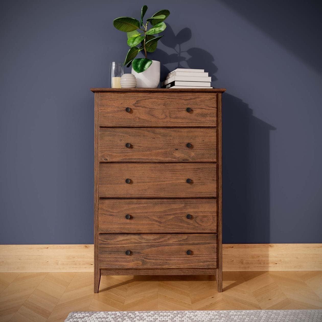 Brushed Walnut Coastal 5-Drawer Solid Wood Chest