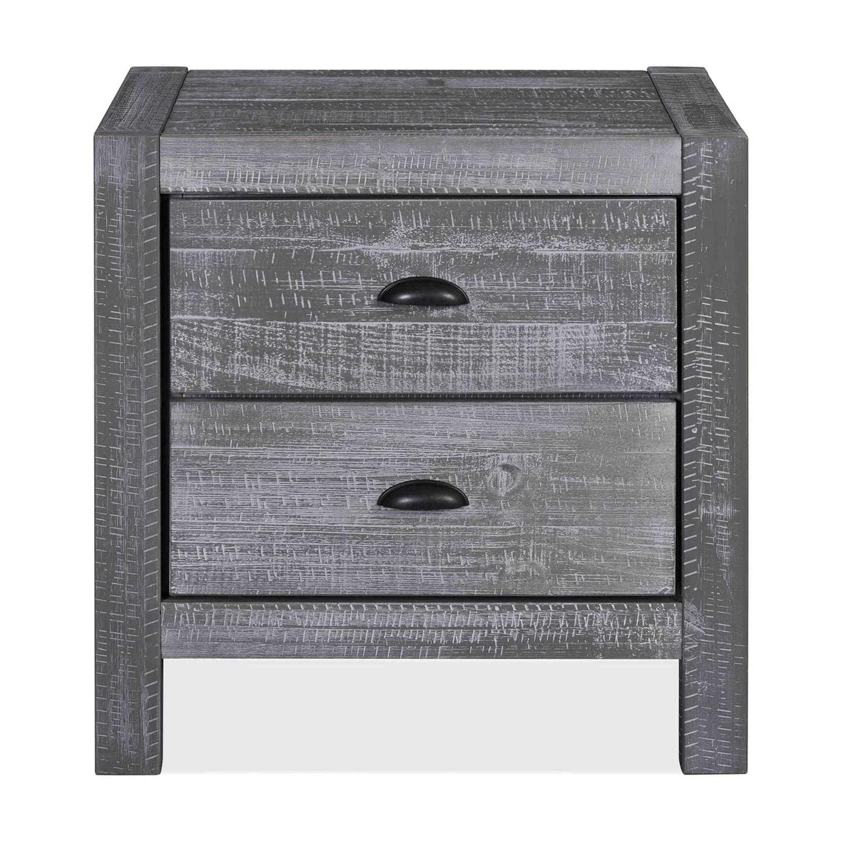 Rustic Grey Pine Wood 2-Drawer Nightstand with Black Metal Handles