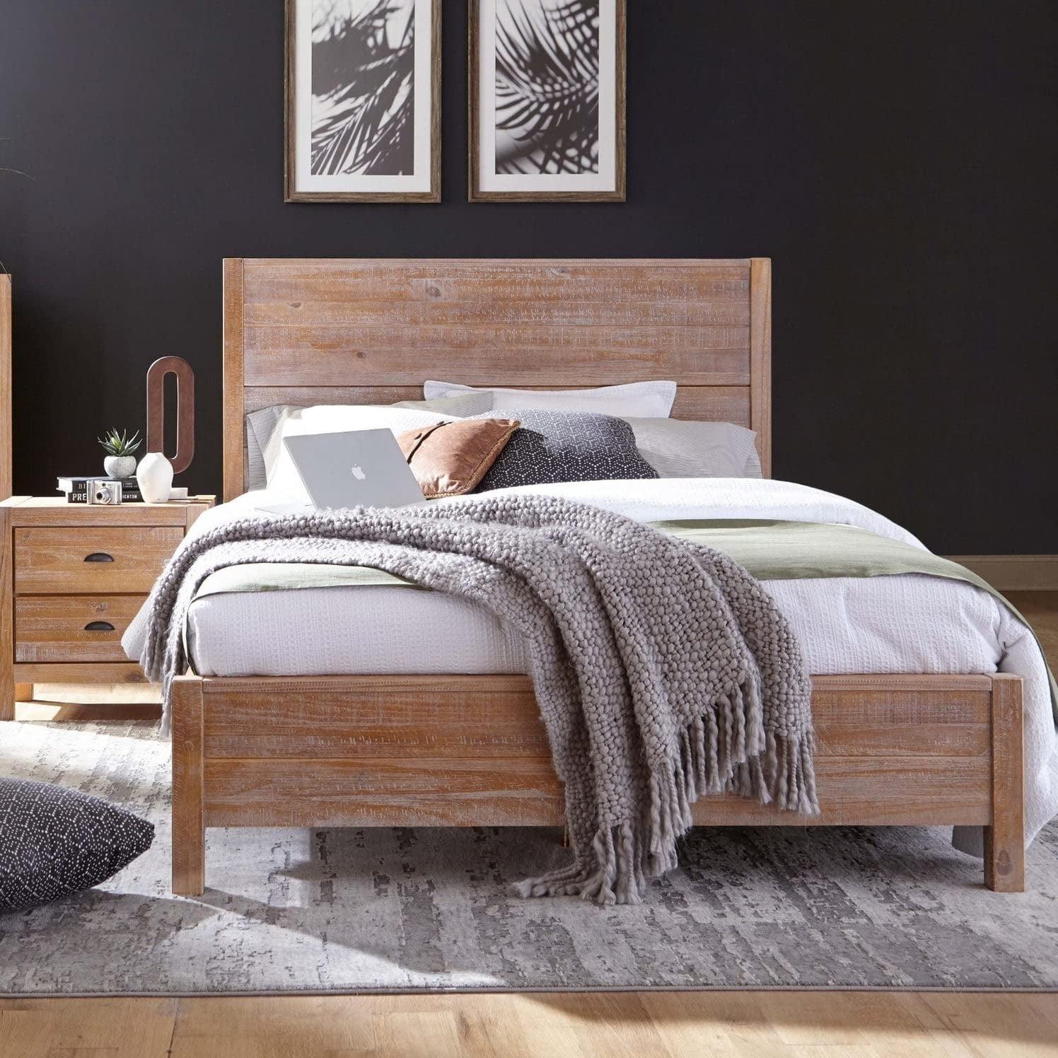 King Size Driftwood Pine Wood Platform Bed with Headboard