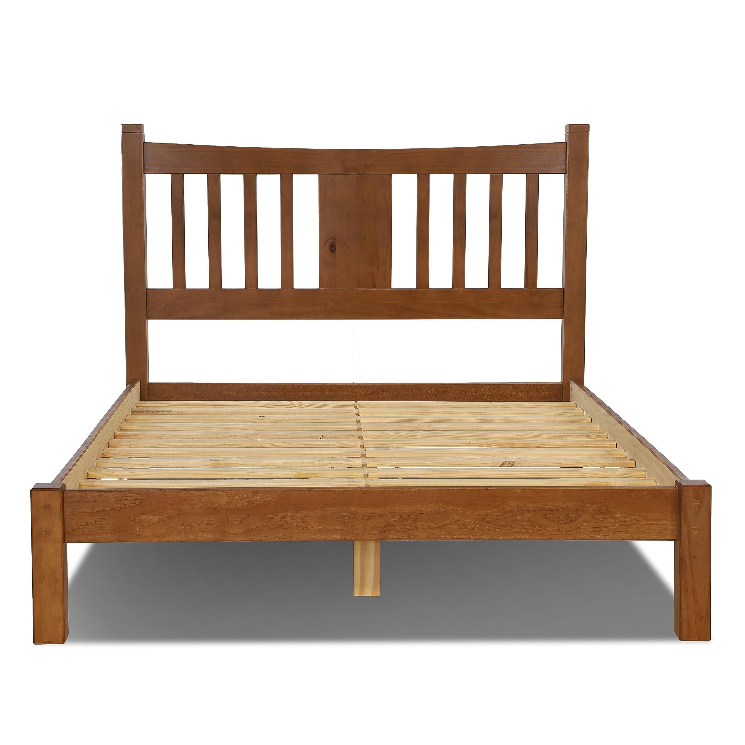 King Walnut Pine Wood Slat Bed with Drawer