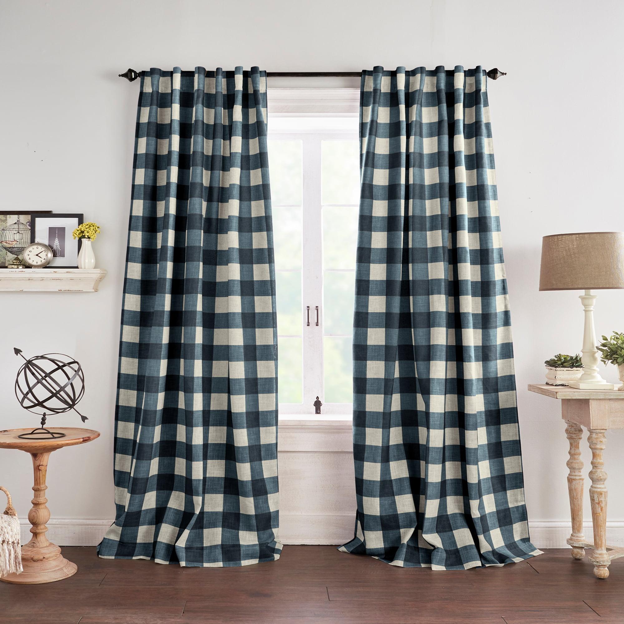 Grainger Buffalo Check Lined Room Darkening Single Window Curtain Panel - 52" x 84" - Indigo - Elrene Home Fashions