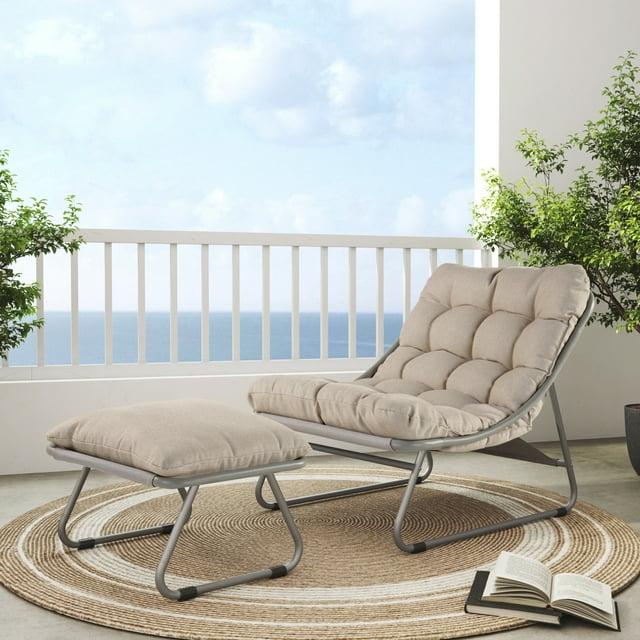 Grand Patio Outdoor Lounge Chair with Ottoman, Comfy Sling Recliner Chair with Puffy Cushion, Samba Modern Steel Patio Furniture Set for Porch Deck Garden Living Room, Champagne Gray