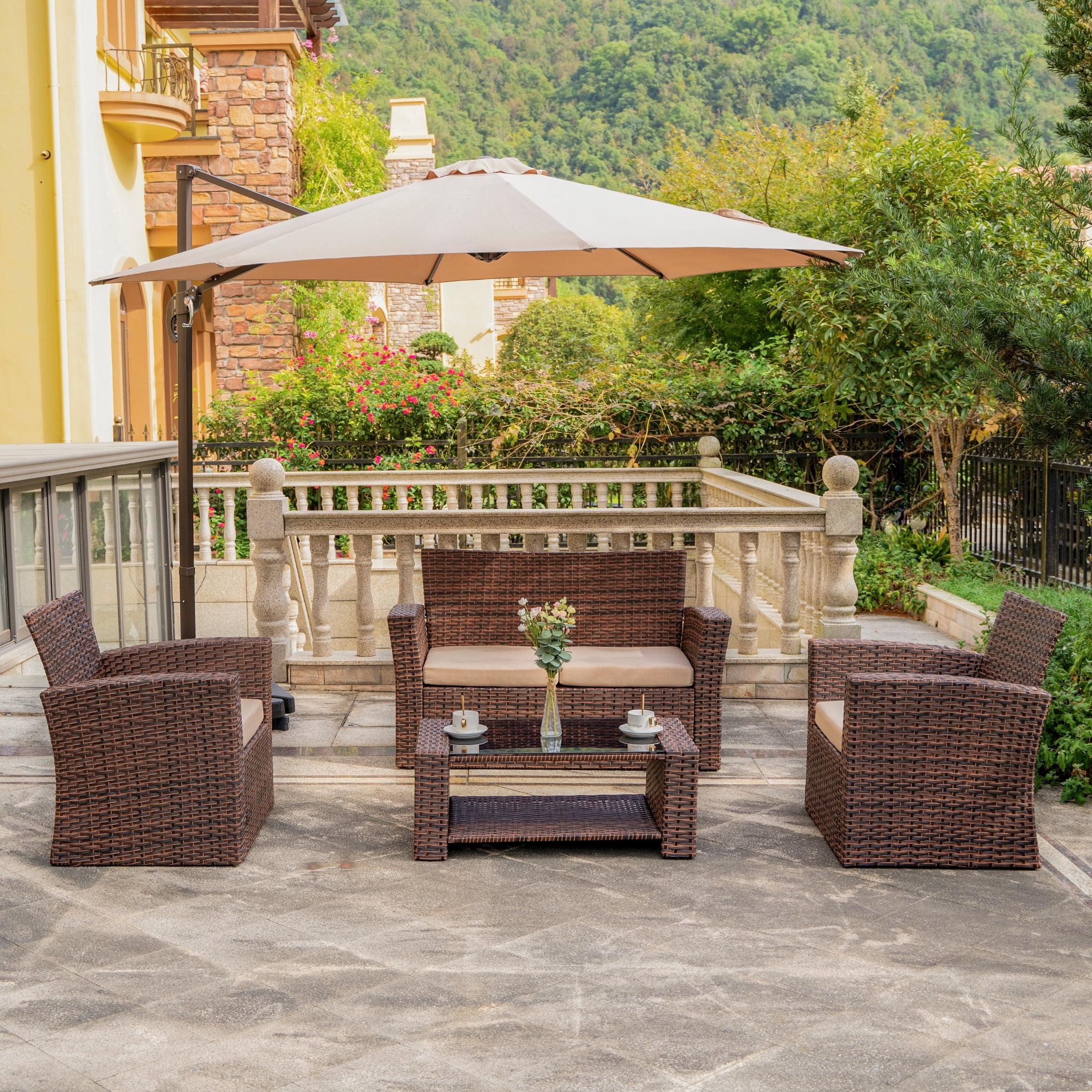 Beige and Brown 4-Piece Wicker Patio Conversation Set