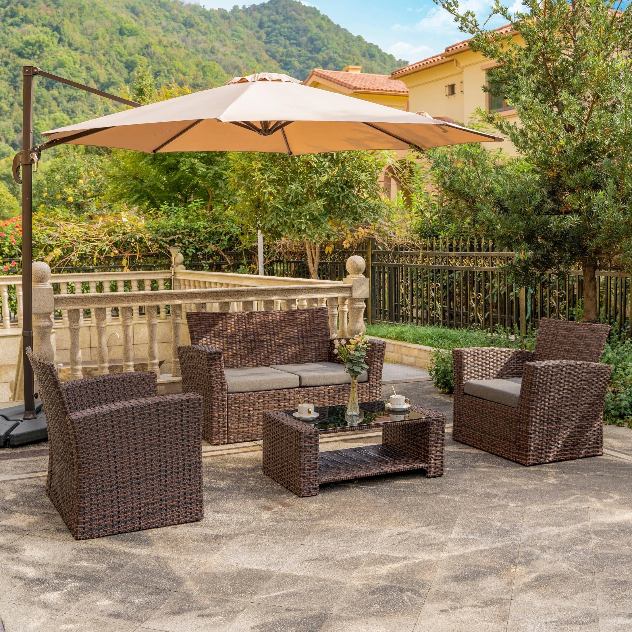 Grandview 4-Piece Brown Wicker Patio Set with Gray Cushions