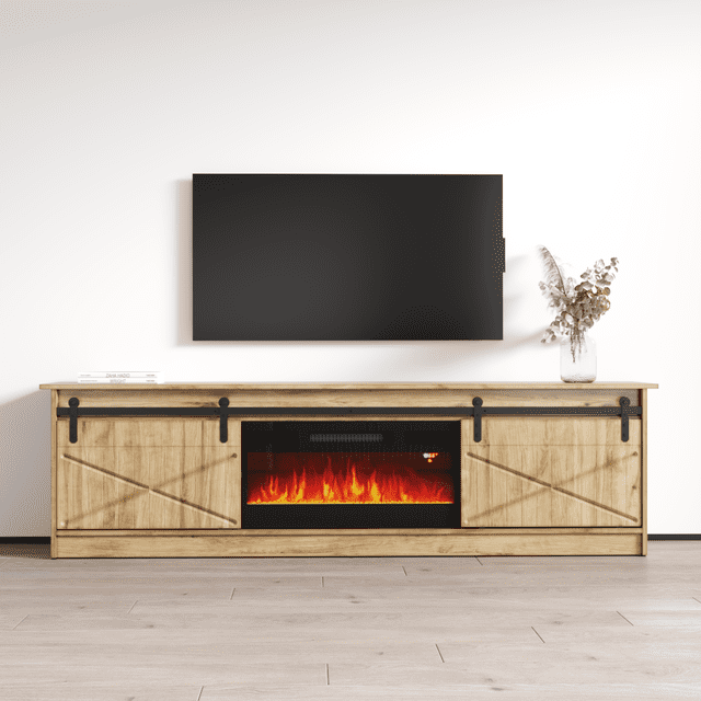 Granero BL-EF Soporte para Televisor con Chimenea para Televisores de hasta 90", Moderno Centro de Entretenimiento de Alto Brillo de 79", Consola Multimedia para Televisor con Chimenea Eléctrica con Gabinetes de Almacenamiento