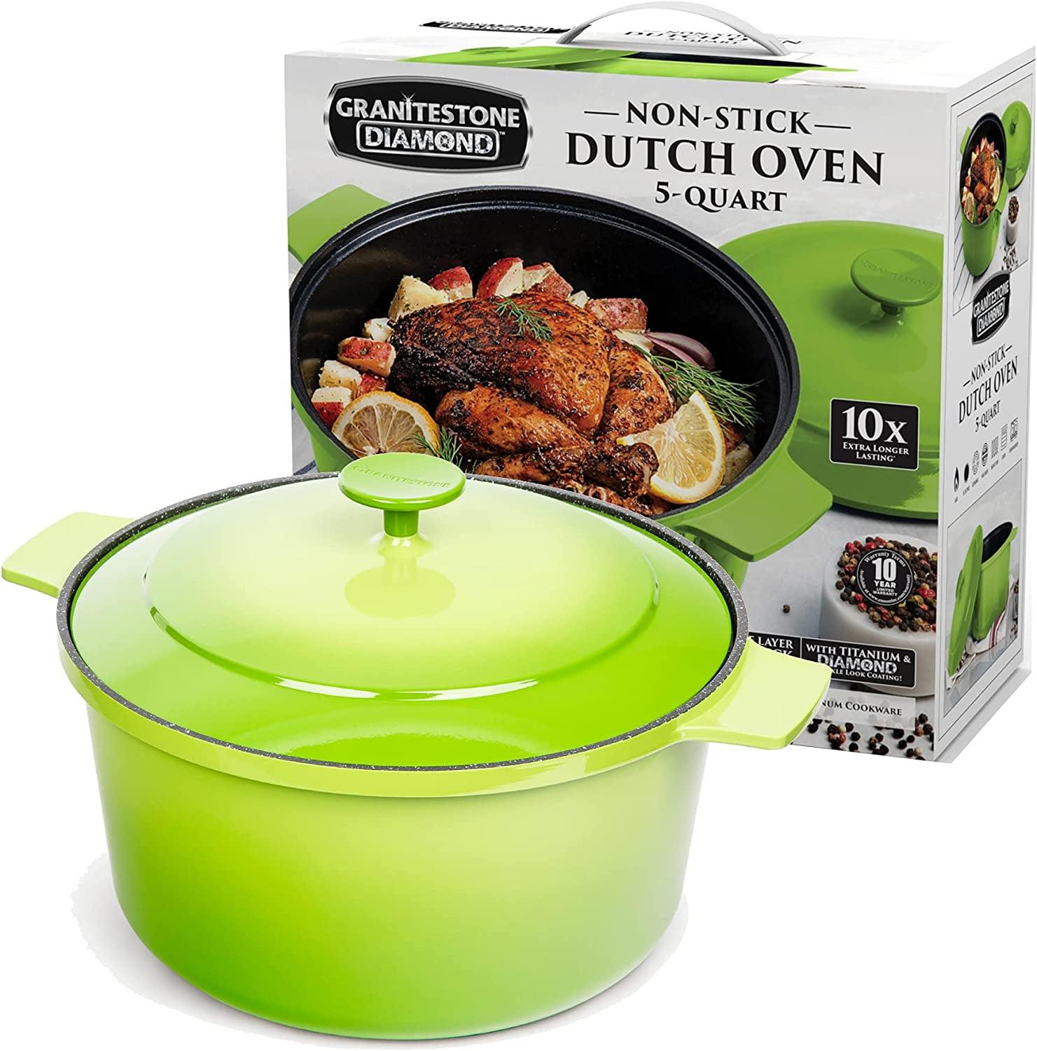 Granitestone Dutch Oven 5 Qt Cooking Pot With Lid Nonstick Ceramic Hot Pot Cast Aluminum Induction Safe Stock Pot, Green