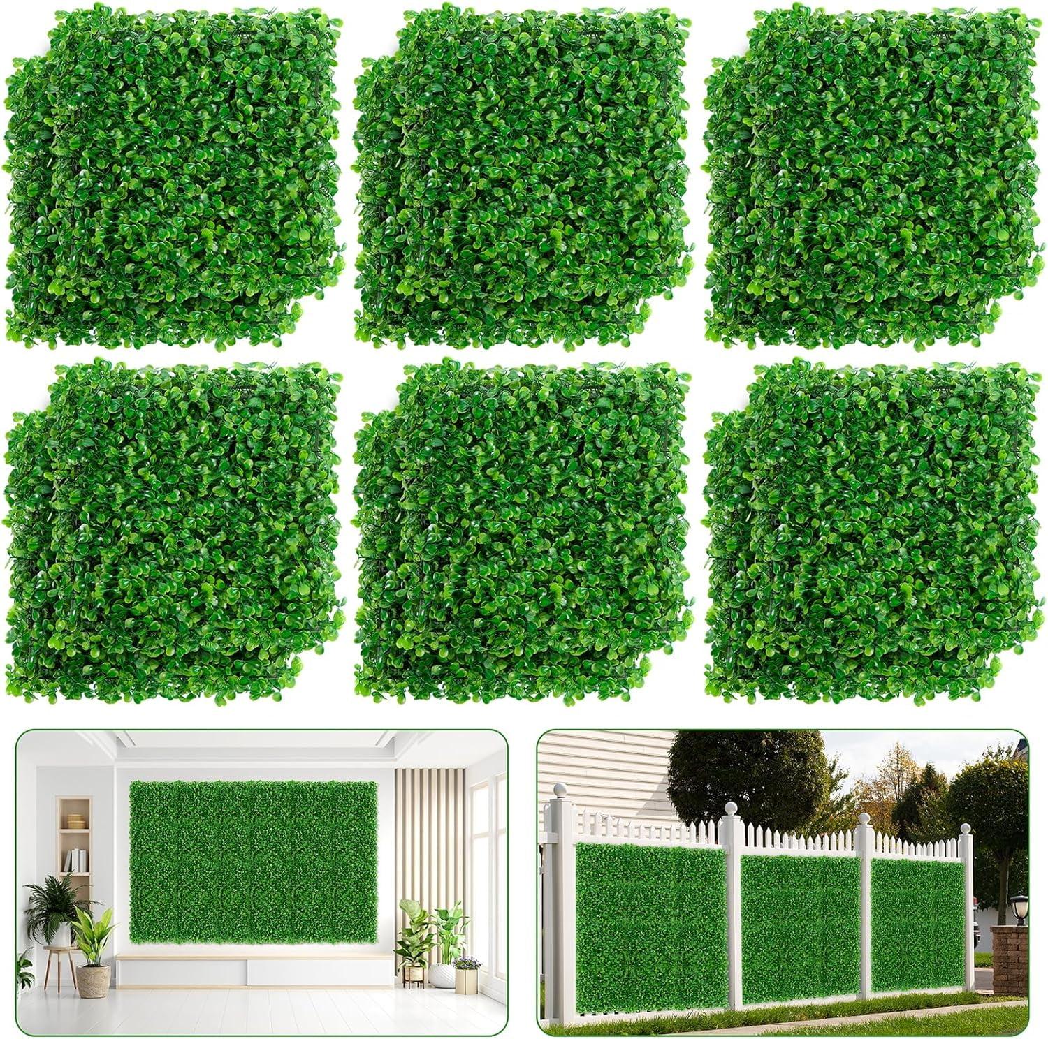 Artificial Boxwood Plant Hedge, Green Grass Backdrop, Indoor and Outdoor Use (Set of 12)