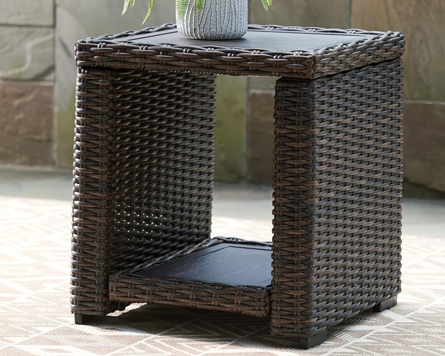 Transitional Brown Rattan Square End Table with Aluminum Accents