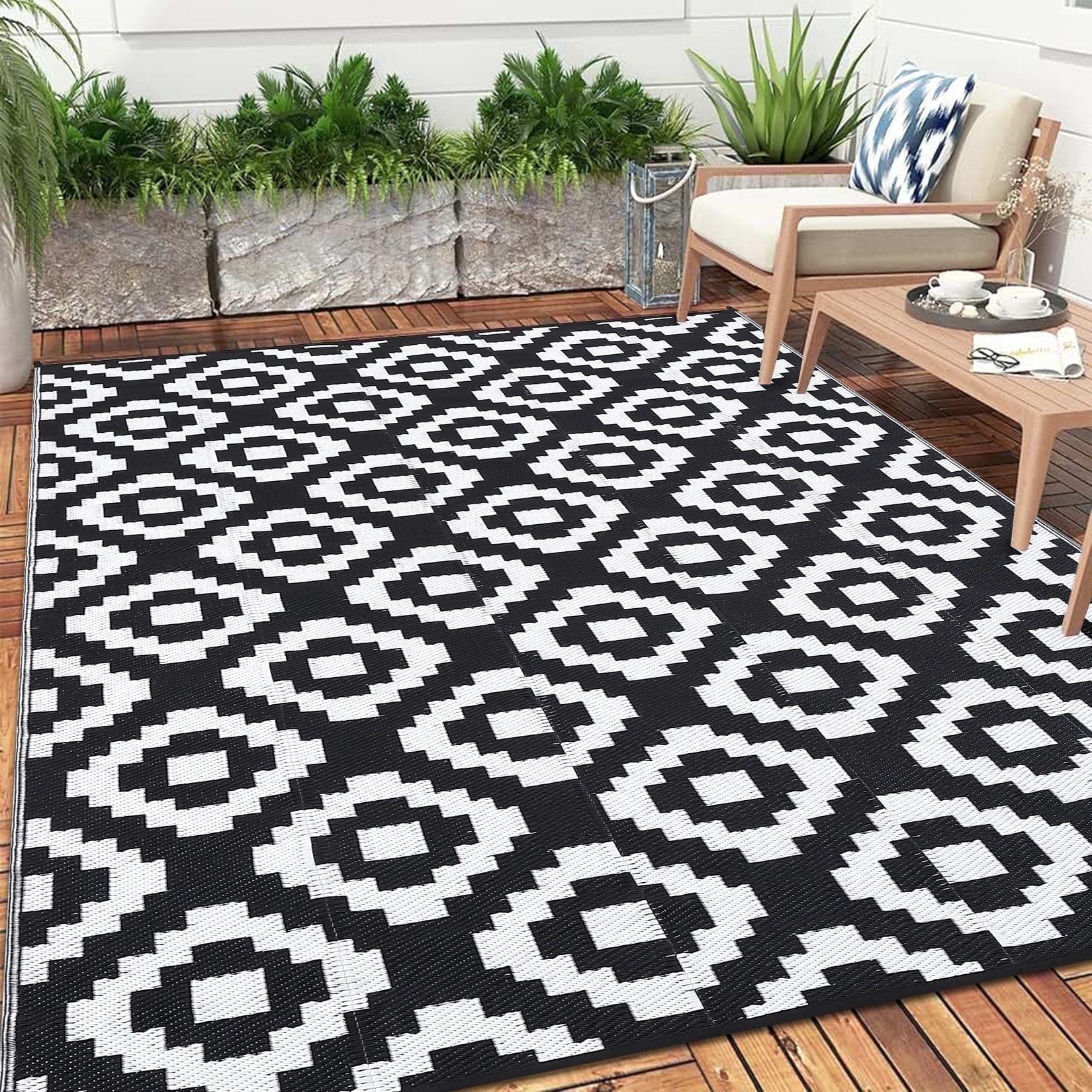Garvee Waterproof Outdoor Rug 9'x12' Reversible Plastic Patio Rugs, Portable Modern Abstract Indoor Outdoor Carpet for Camping, Balcony, Deck, Backyard, Black & White, with Storage Bag