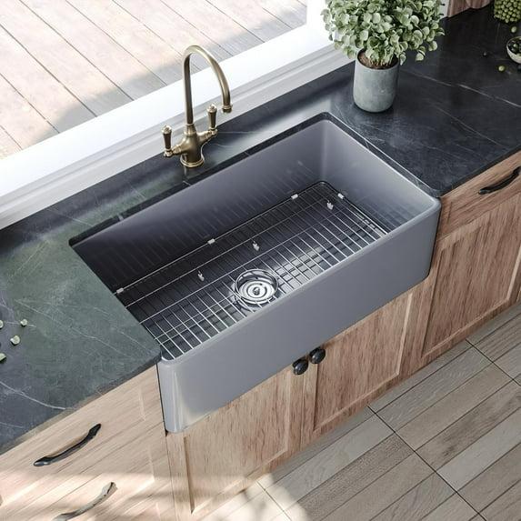 Grove 33" L X 18" W Rectangular Single Bowl Fireclay Farmhouse Kitchen Sink with Grid and Strainer