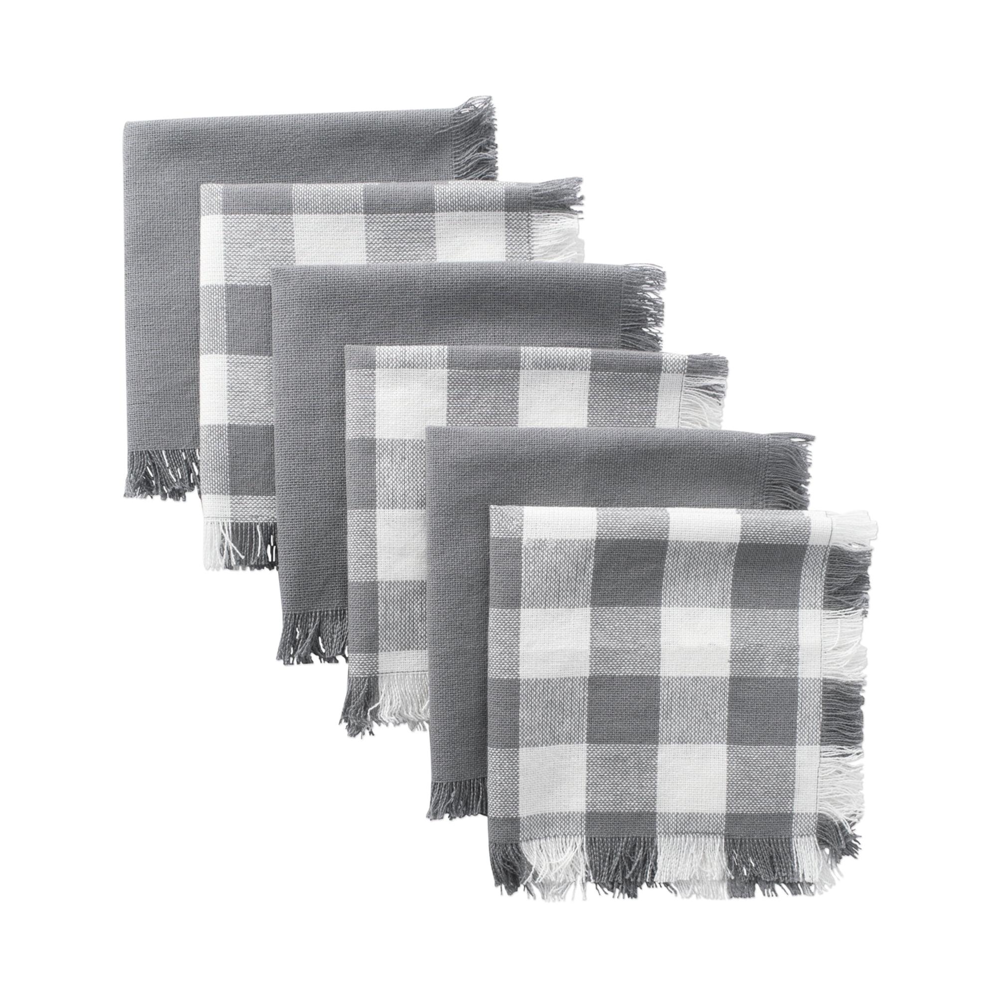 Gray and White Cotton Fringed Checkered Dishcloth Set