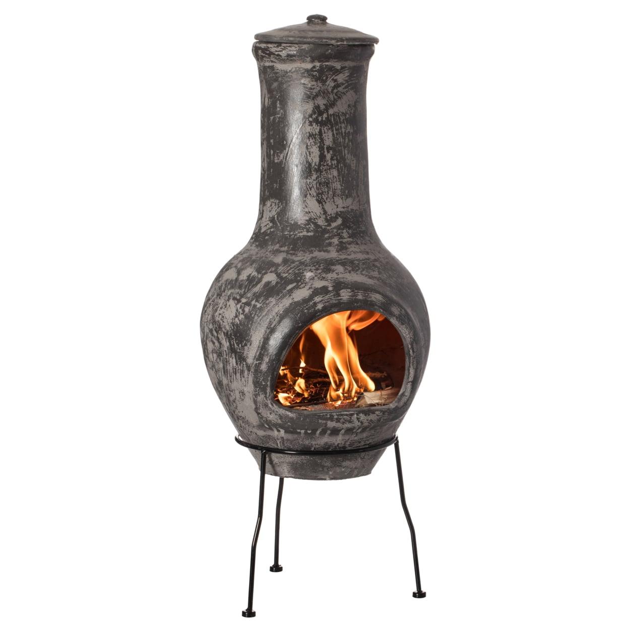 Outdoor Clay Chiminea Outdoor Fireplace Scribbled Design Charcoal Burning Fire Pit with Sturdy Metal Stand