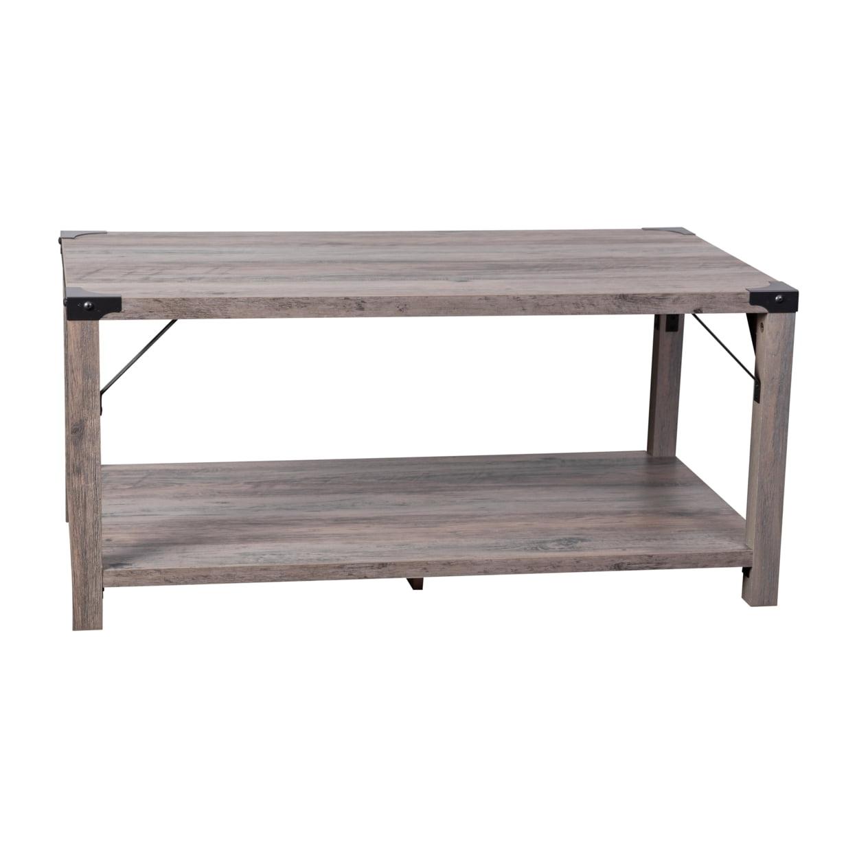 Flash Furniture Wyatt Modern Farmhouse Wooden 2 Tier Coffee Table with Black Metal Corner Accents and Cross Bracing, Gray Wash