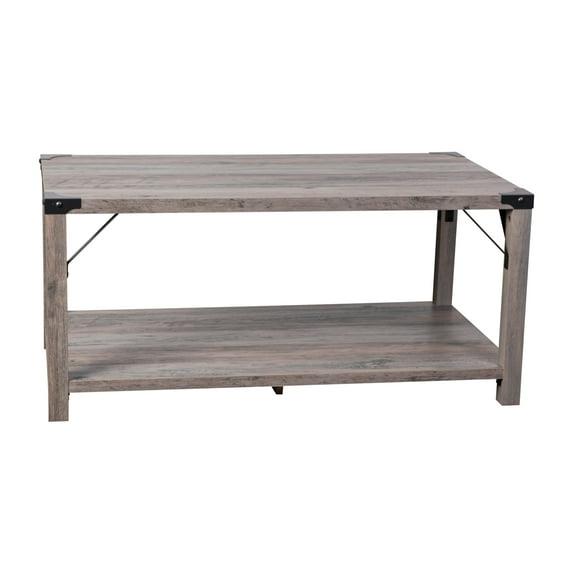 Flash Furniture Wyatt Modern Farmhouse Wooden 2 Tier Coffee Table with Black Metal Corner Accents and Cross Bracing, Gray Wash