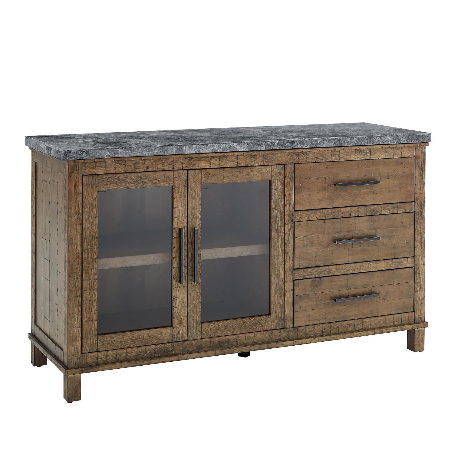 Transitional 60'' Gray Marble Top Driftwood Server with Storage