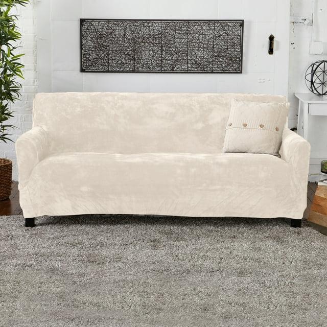 Great Bay Home 1-Piece Velvet Plush Solid Sofa Stretch Slipcover, White