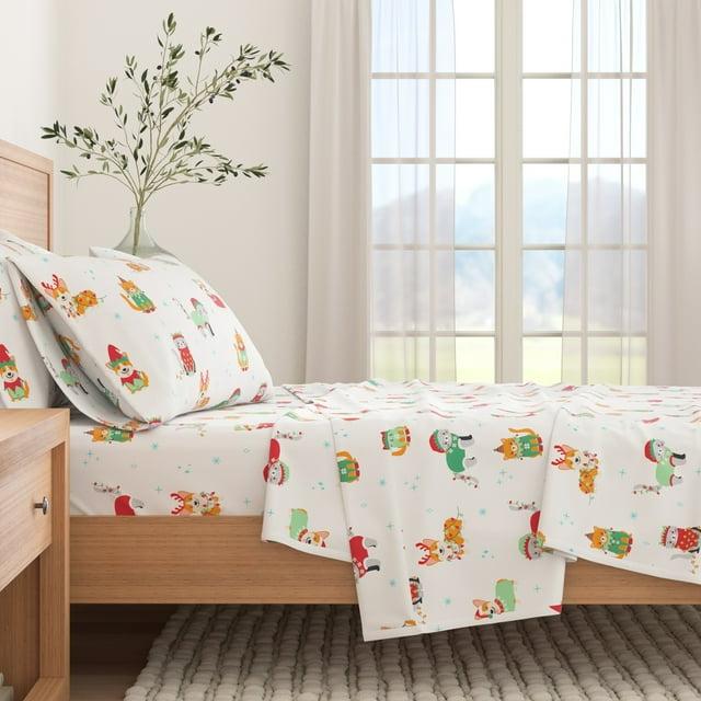 100% Cotton Christmas Flannel Sheets - Great Bay Home (Queen, Dog Cat Christmas)