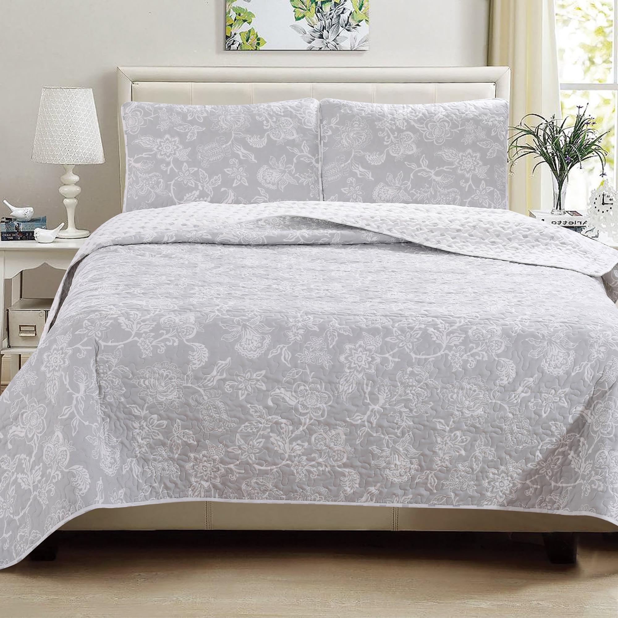 Emma Grey Reversible Twin Microfiber Floral Quilt Set