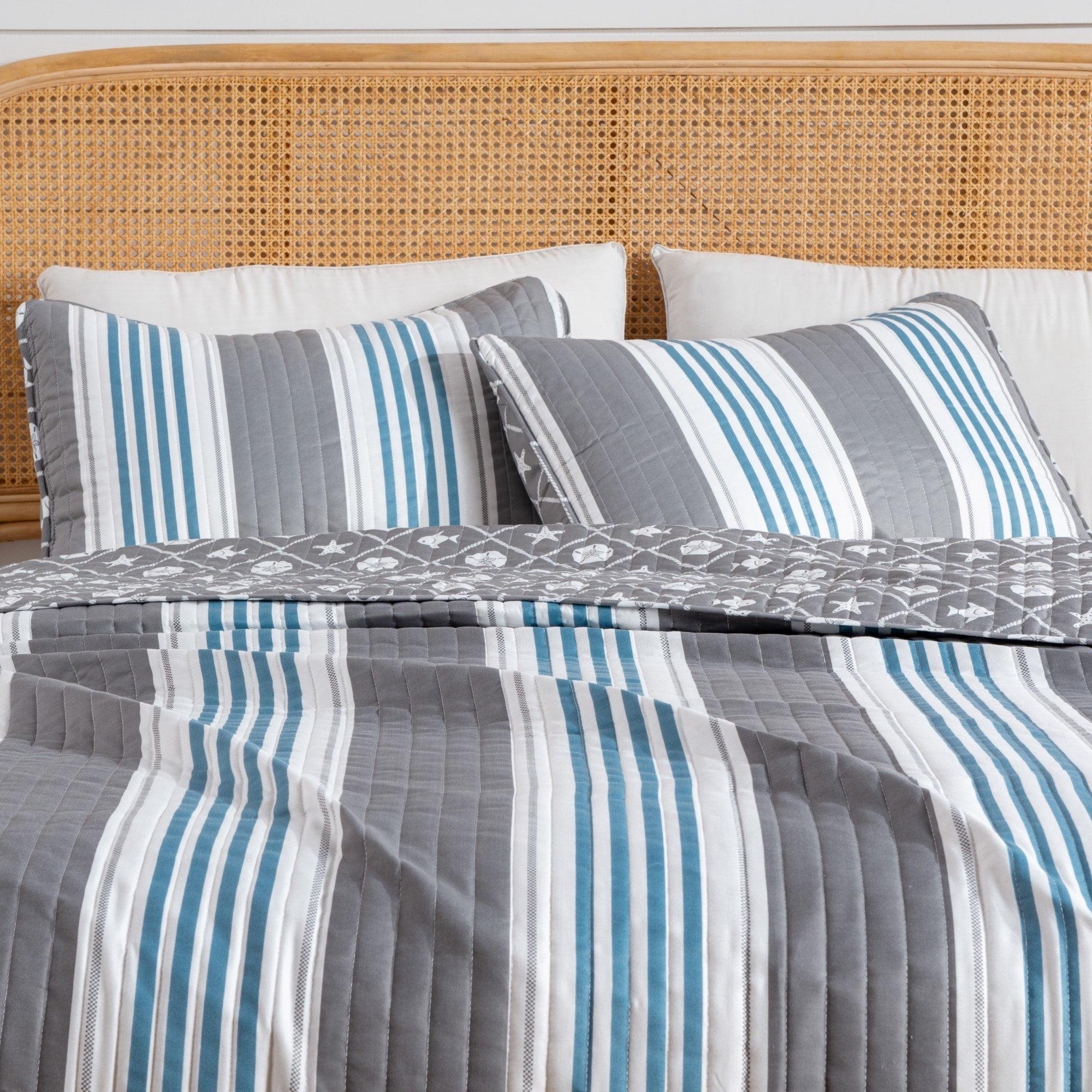 Twin Blue and Gray Reversible Microfiber Quilt Set