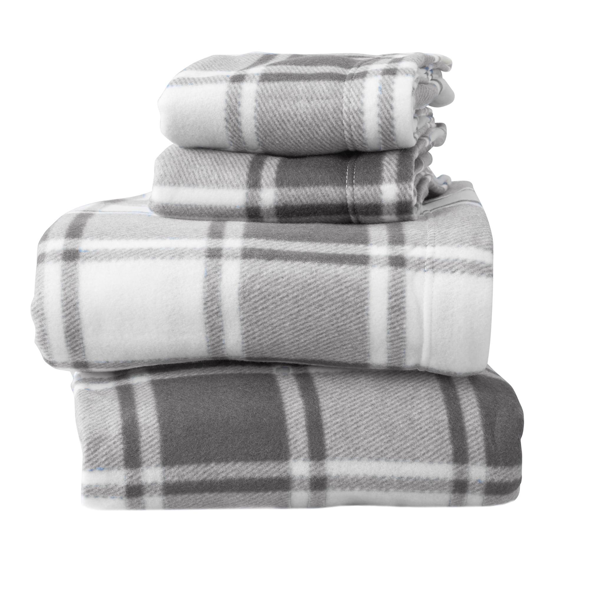 Full Grey Plaid Polyester Flannel Sheet Set