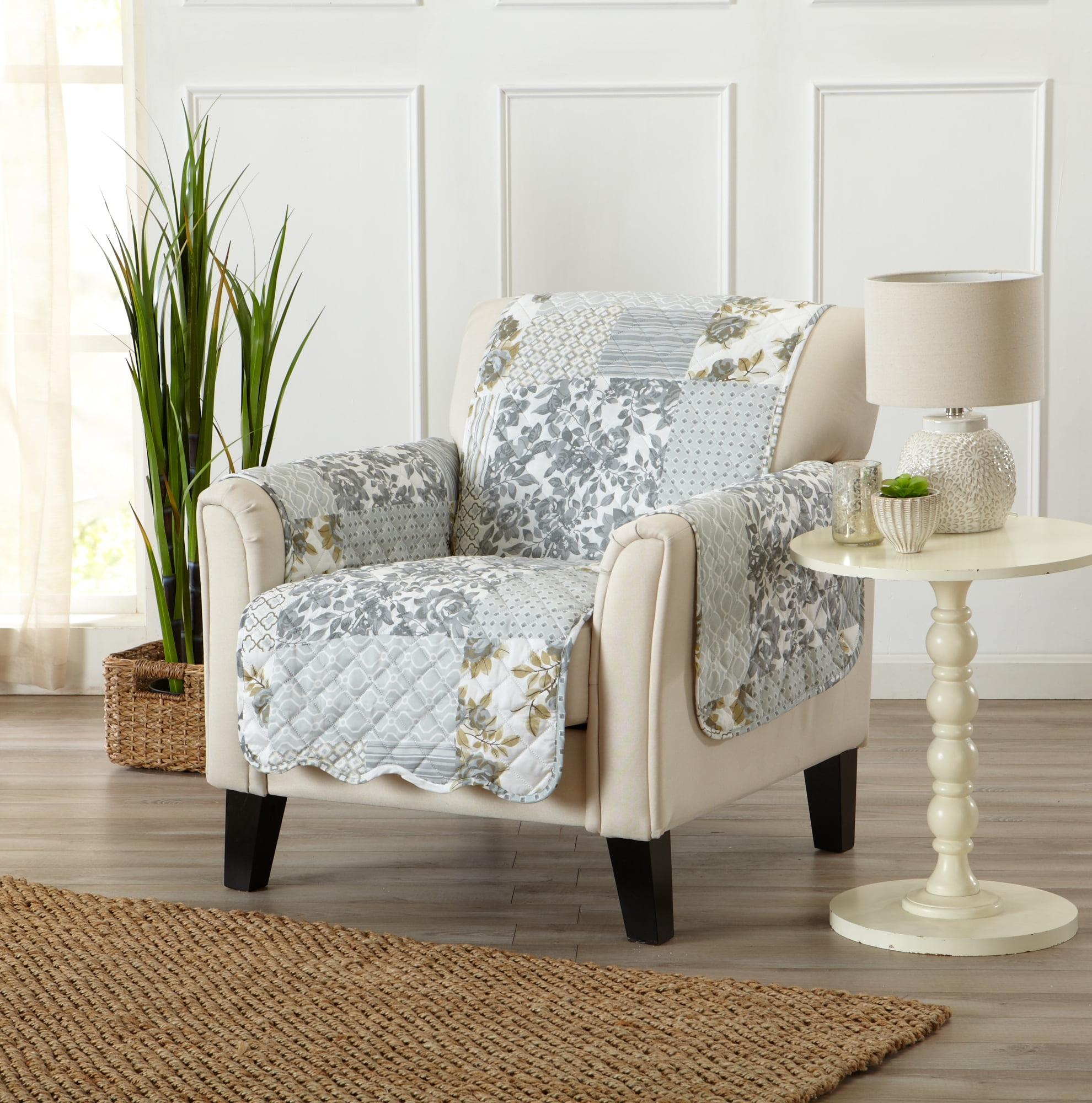 Gray Reversible Patchwork Scalloped Chair Furniture Protector