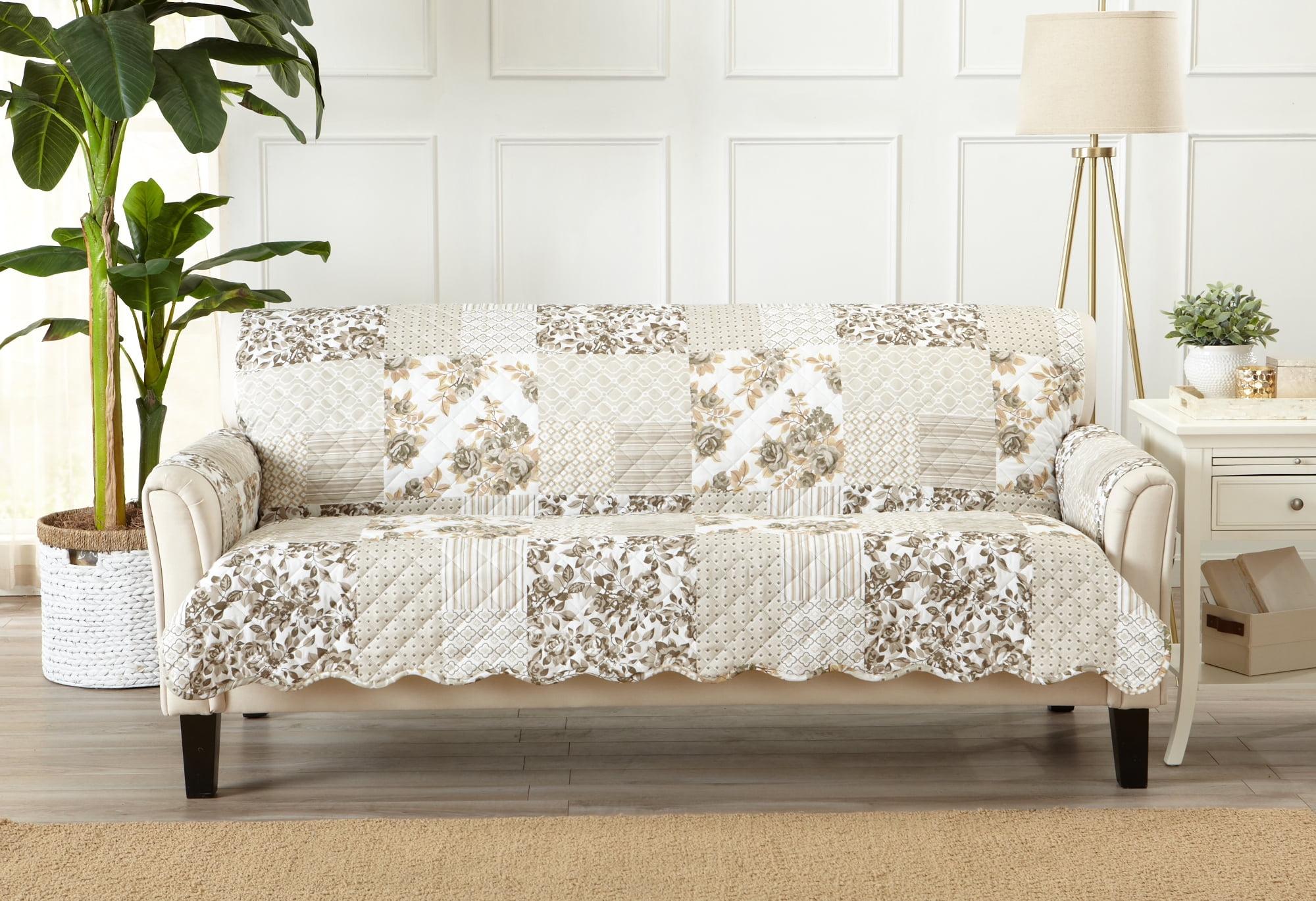 Taupe Reversible Patchwork Sofa Furniture Protector with Scalloped Edges