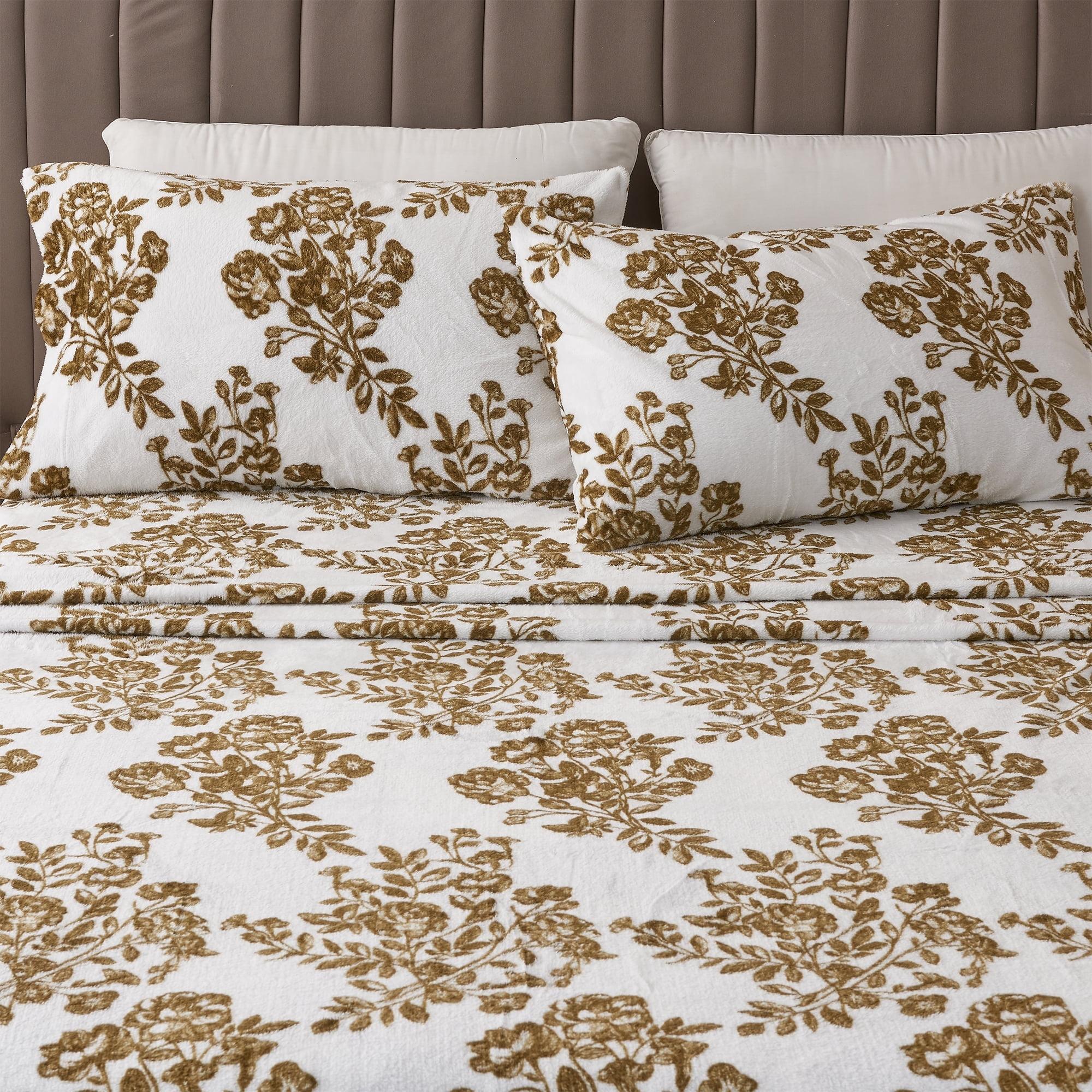 Full Olive Toile Print Velvet Plush Microfiber Sheet Set