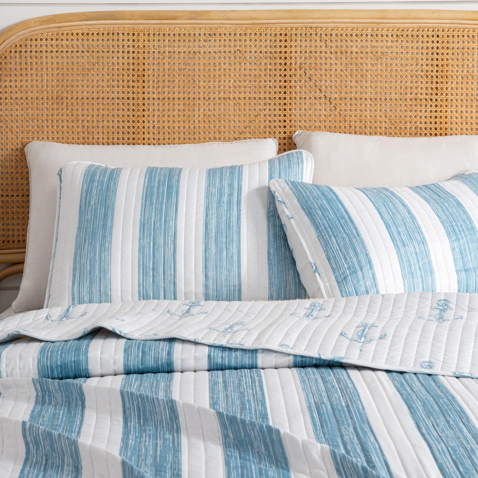 Casco Bay Blue Striped Reversible Full Microfiber Quilt Set