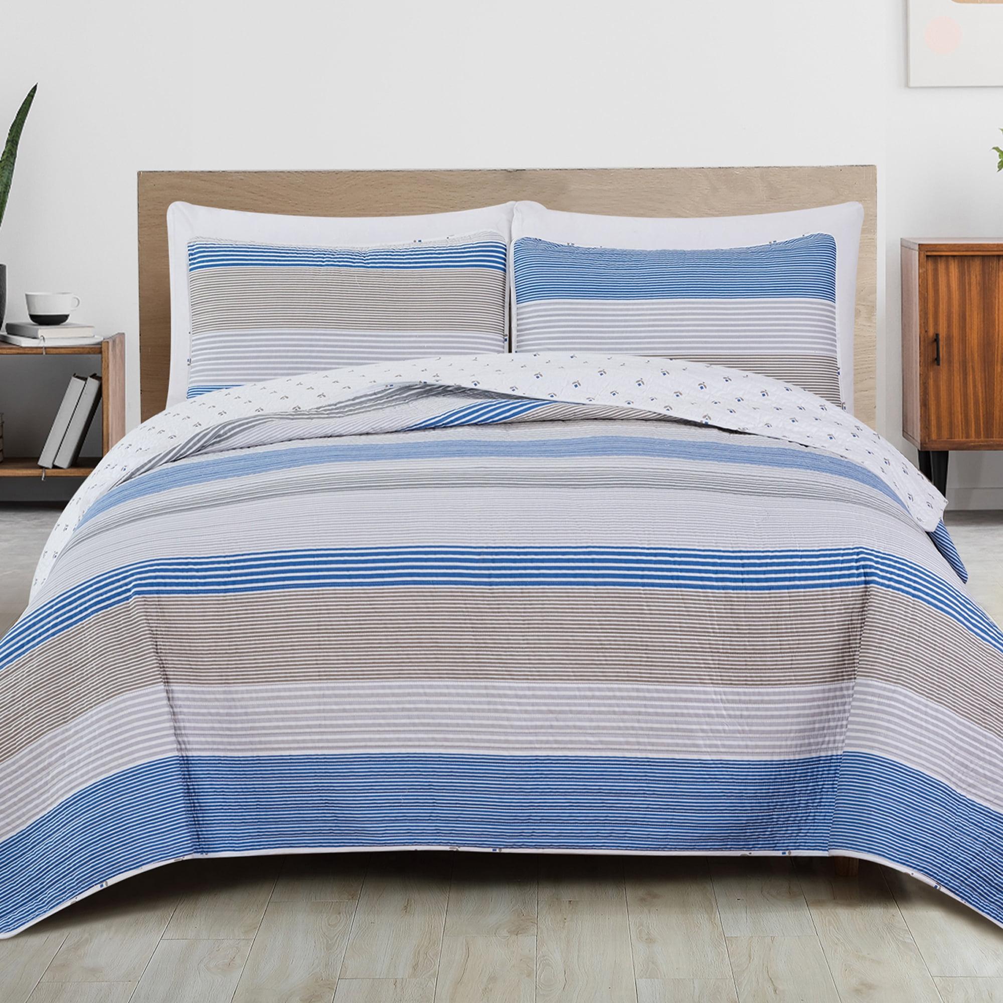FreshFolds Blue / White / Grey Striped Reversible Quilt Set with Shams
