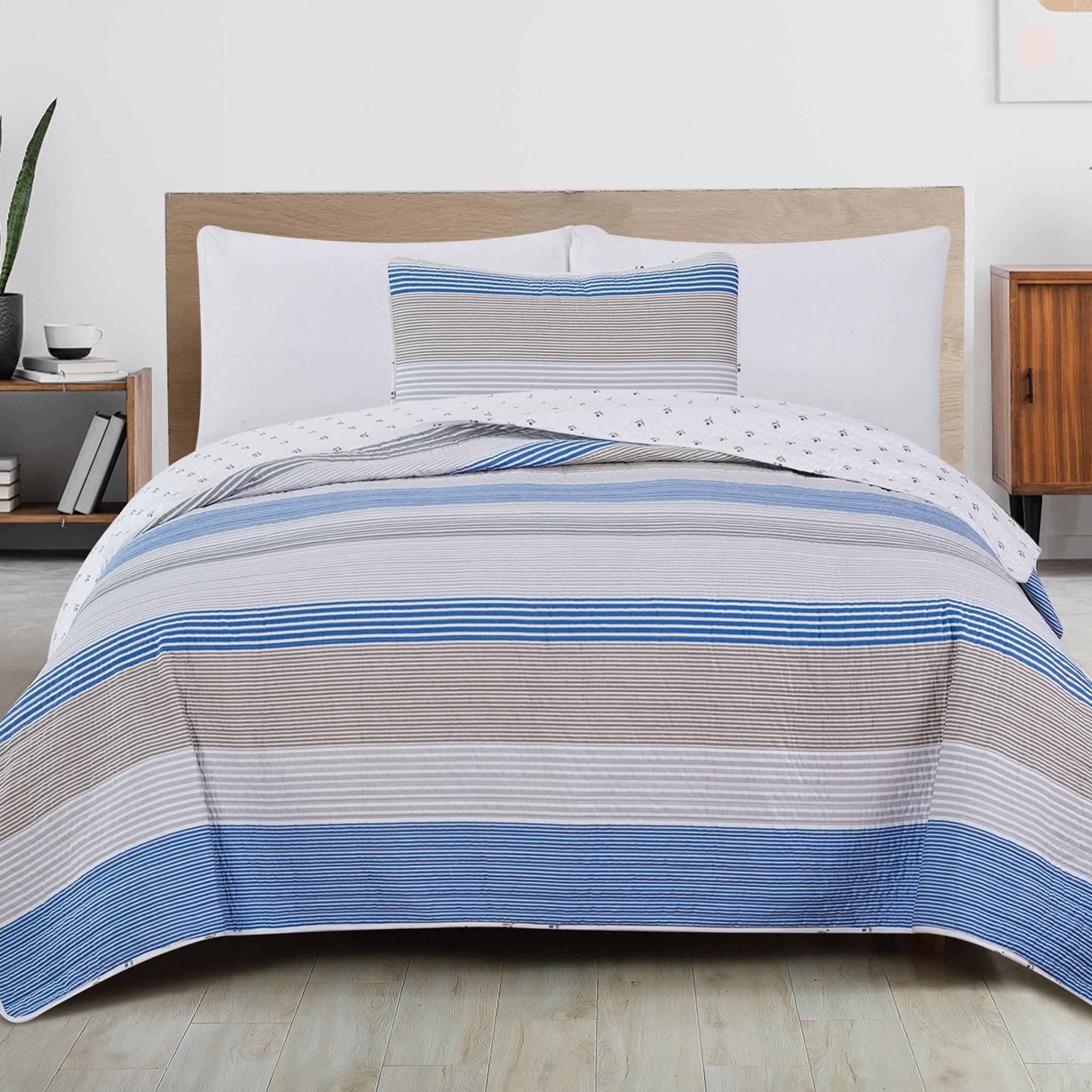 Blue / White / Grey Striped Reversible Quilt Set with Shams