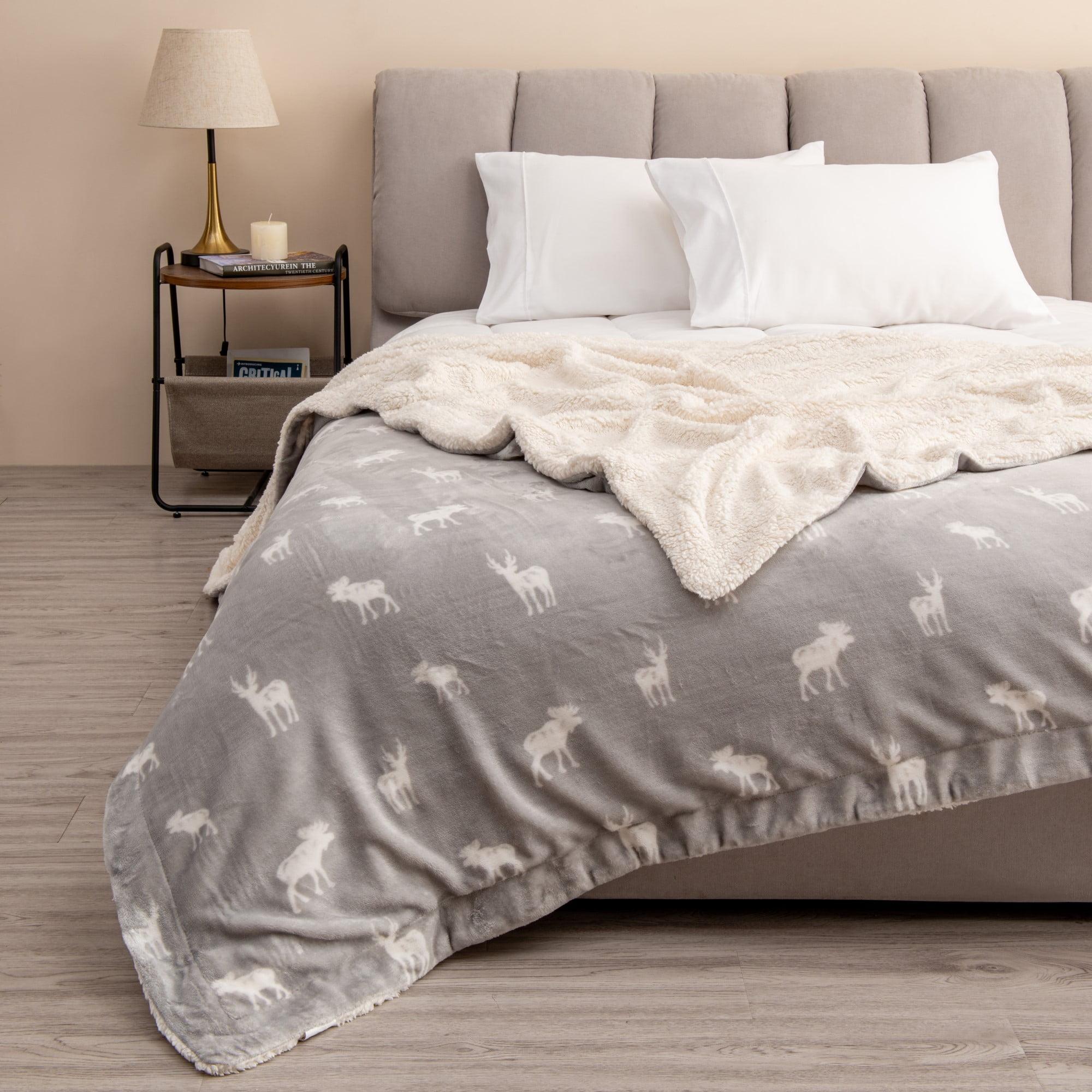 Luxurious Grey Moose Full/Queen Reversible Sherpa Fleece Blanket