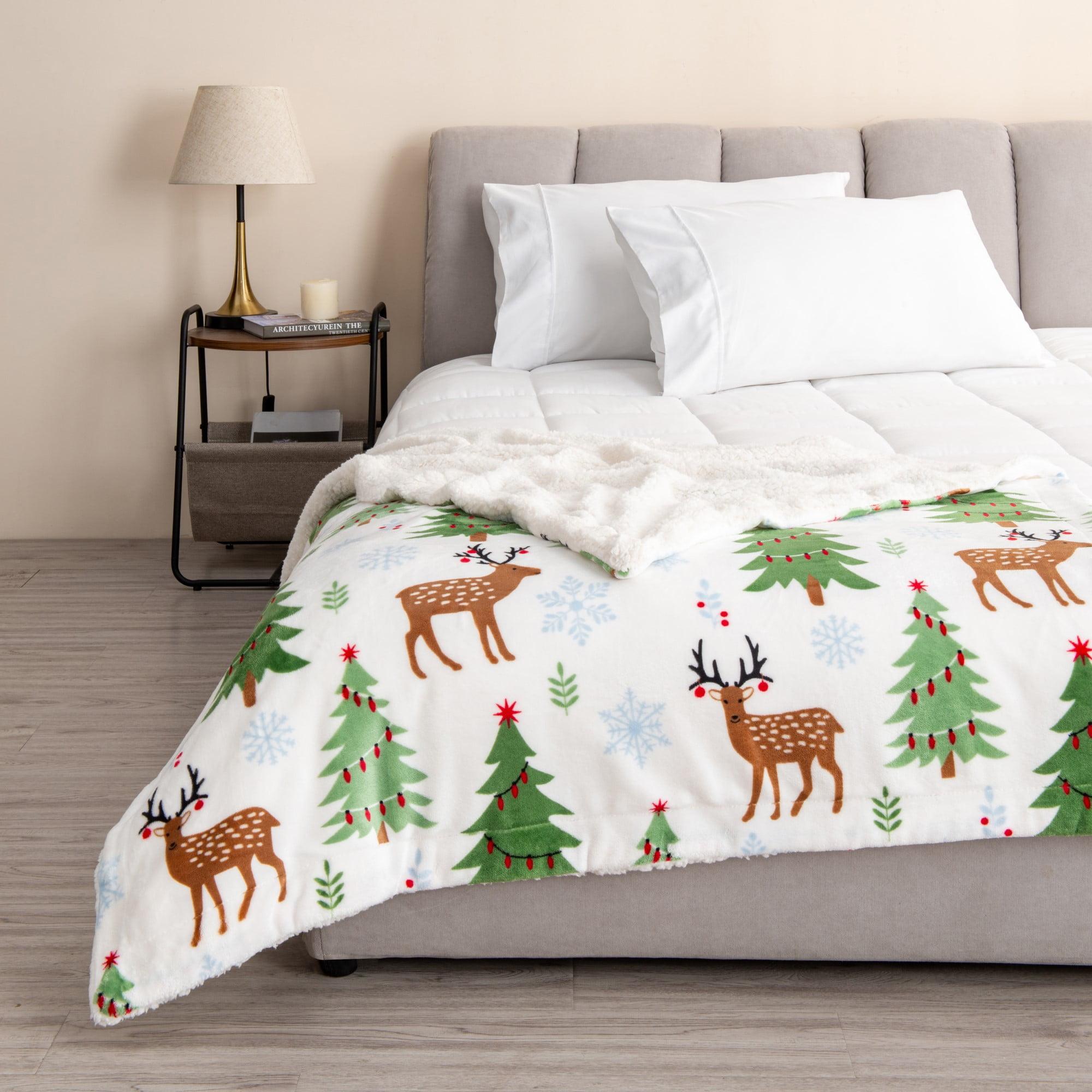 Holiday Reversible Sherpa Fleece Throw Blanket with Deer and Trees