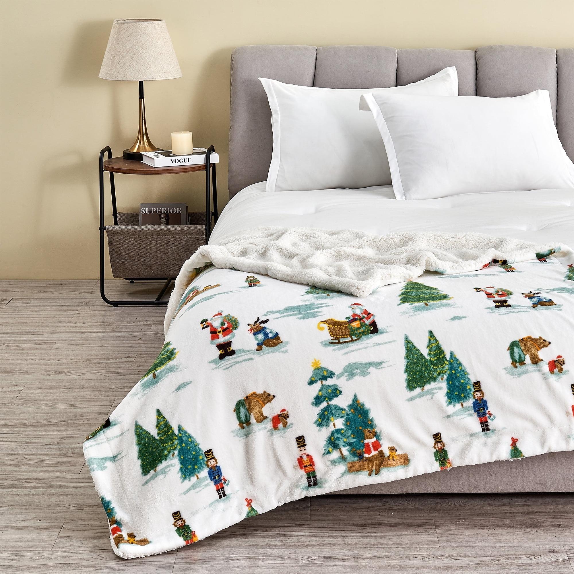Holiday-Printed Plush Throw Blanket - Great Bay Home (50" x 60", Watercolor Santa and Friends)