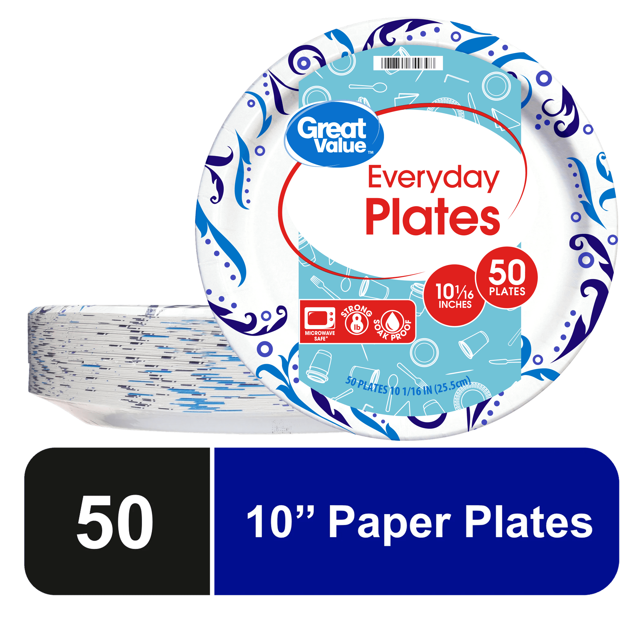 Great Value Everyday Disposable Paper Plates, 10", 50 Count