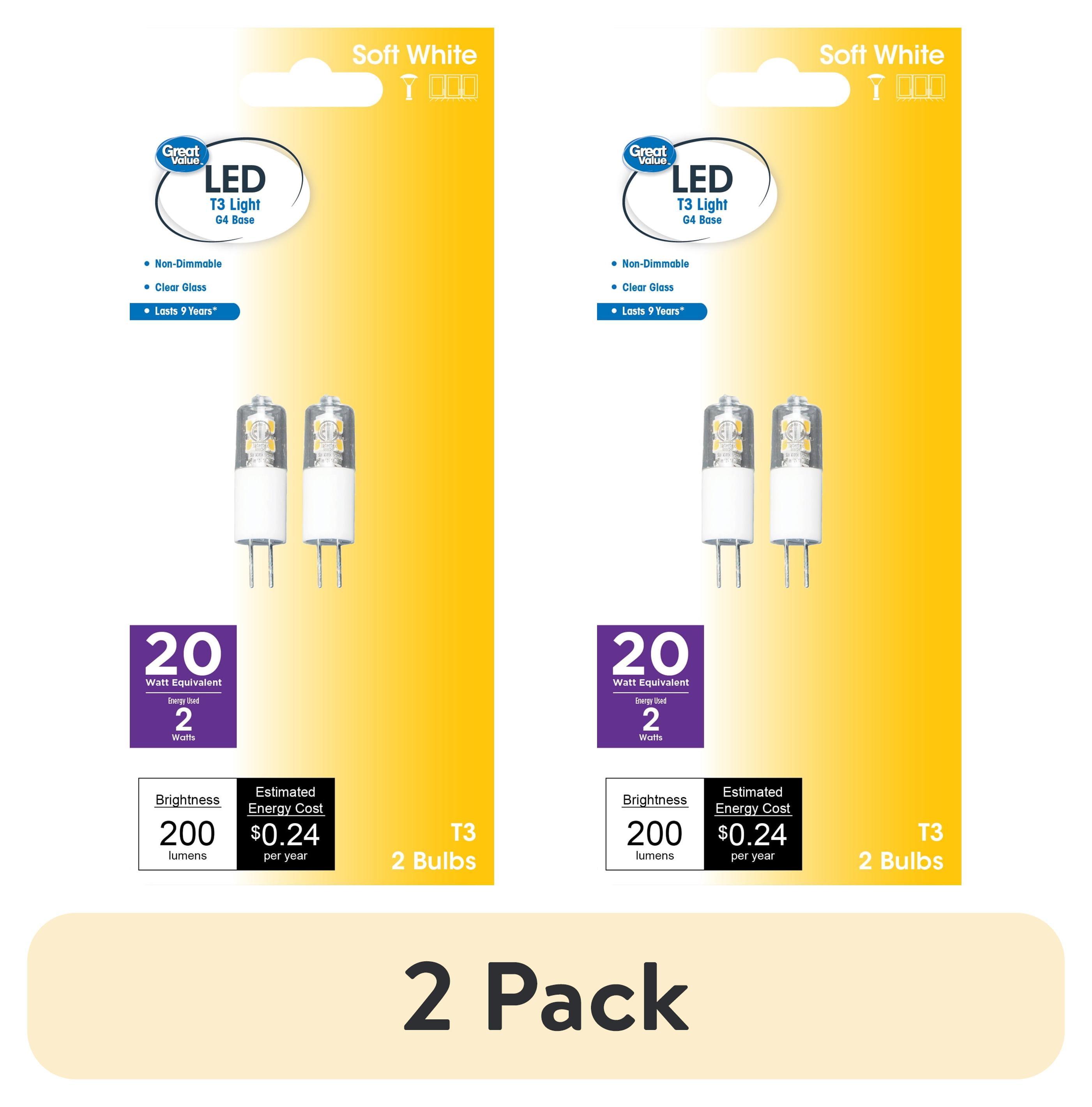 Great Value LED Light Bulb, 2 Watts (20W Eqv.) T3 Lamp G4 Base, Non-dimmable, Soft White, 2-Pack