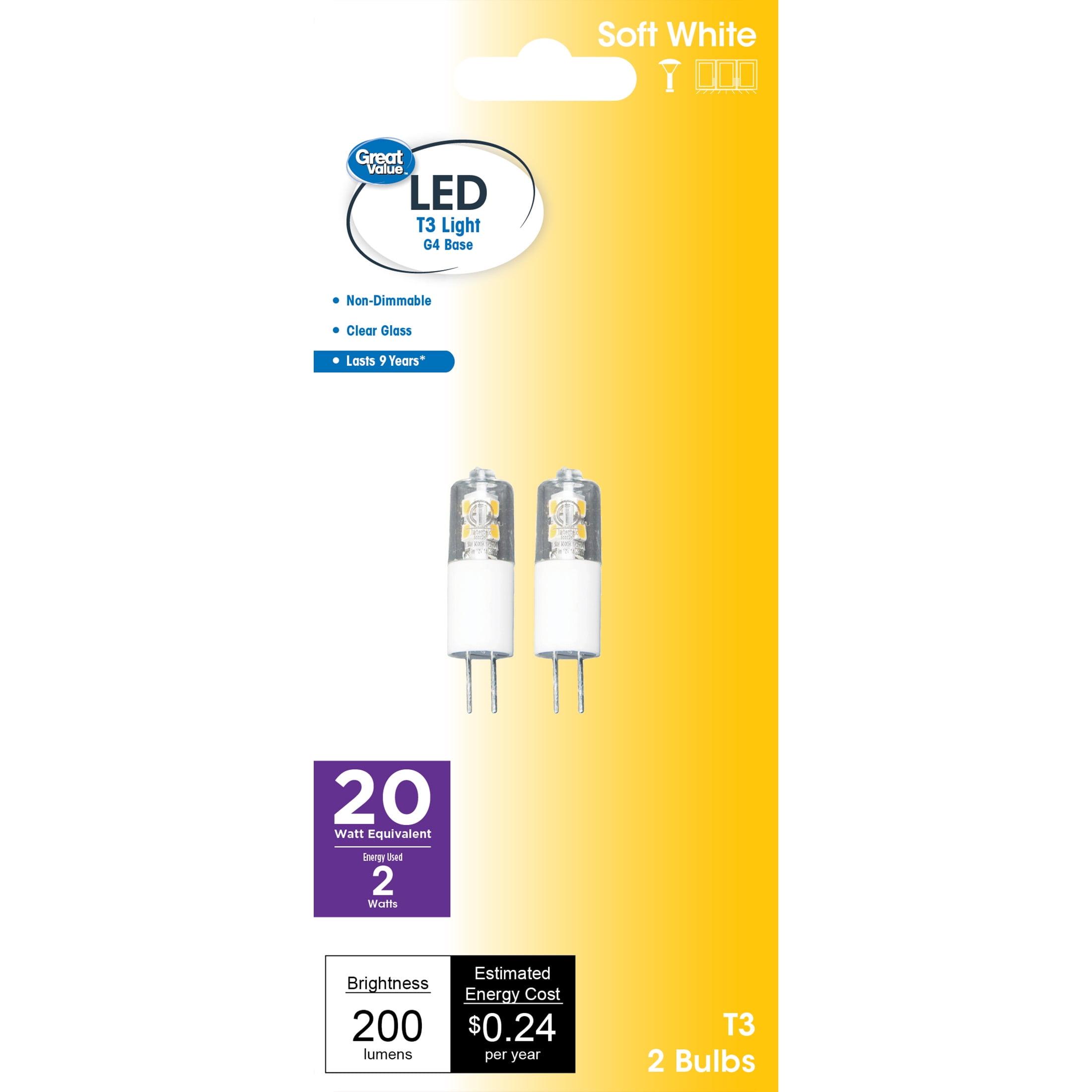 Great Value LED Light Bulb, 2 Watts (20W Eqv.) T3 Lamp G4 Base, Non-dimmable, Soft White, 2-Pack