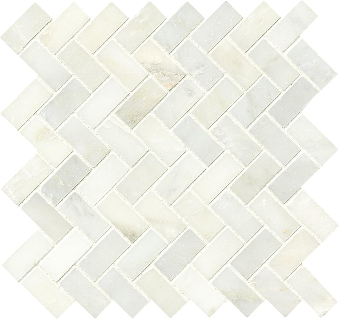 Greecian Herringbone Polished Glass/Stone Mosaic Tile in White