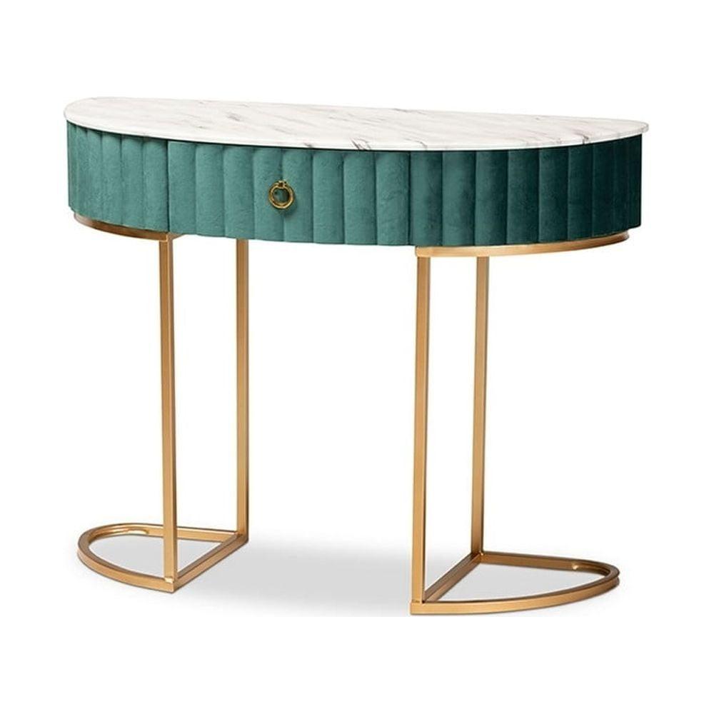 Luxurious Green Velvet and Gold 40" Console Table with Faux Marble Top