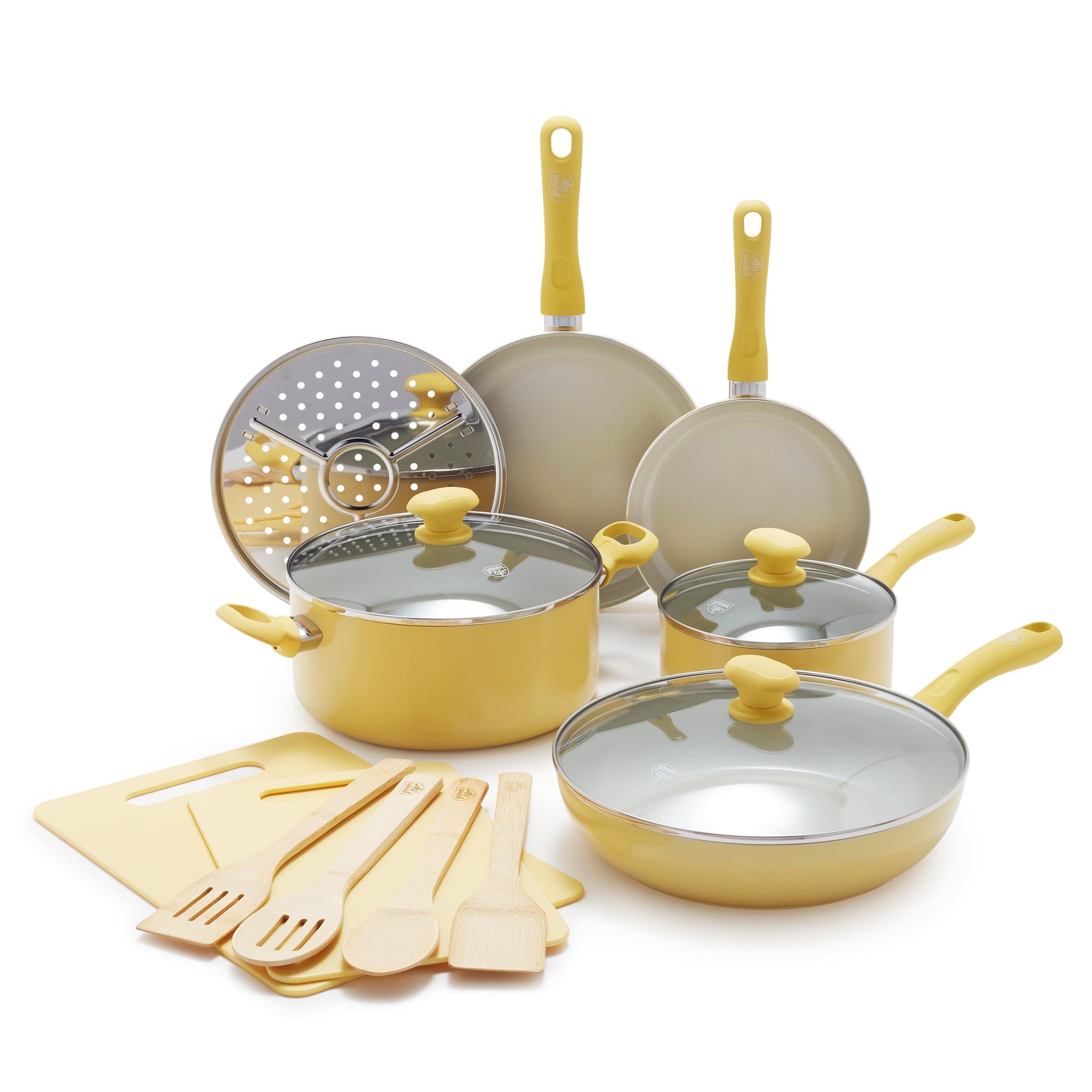 Yellow 15-Piece Nonstick Aluminum Cookware Set with Glass Lids