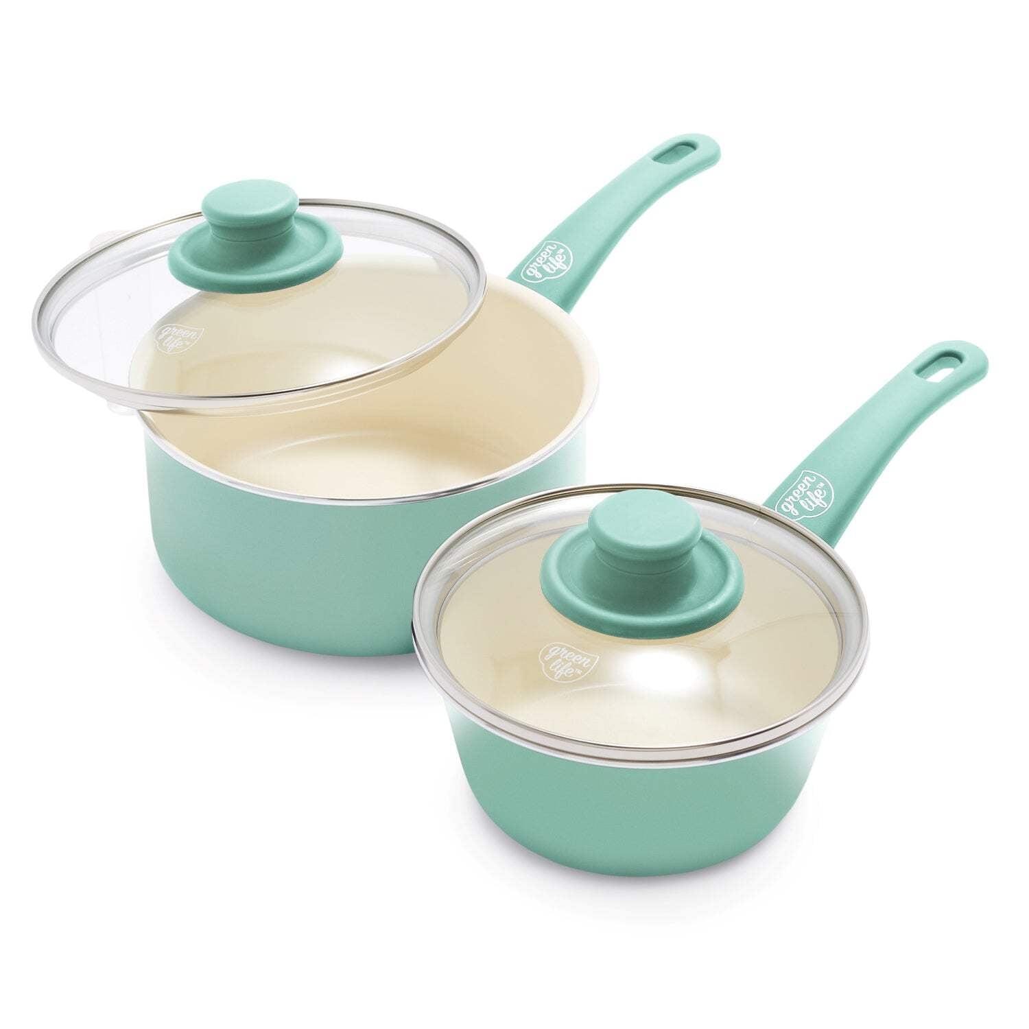 GreenLife GreenLife Soft Grip Healthy Ceramic Nonstick, 1QT And 2QT Saucepan Pot Set With Lids, Dishwasher Safe