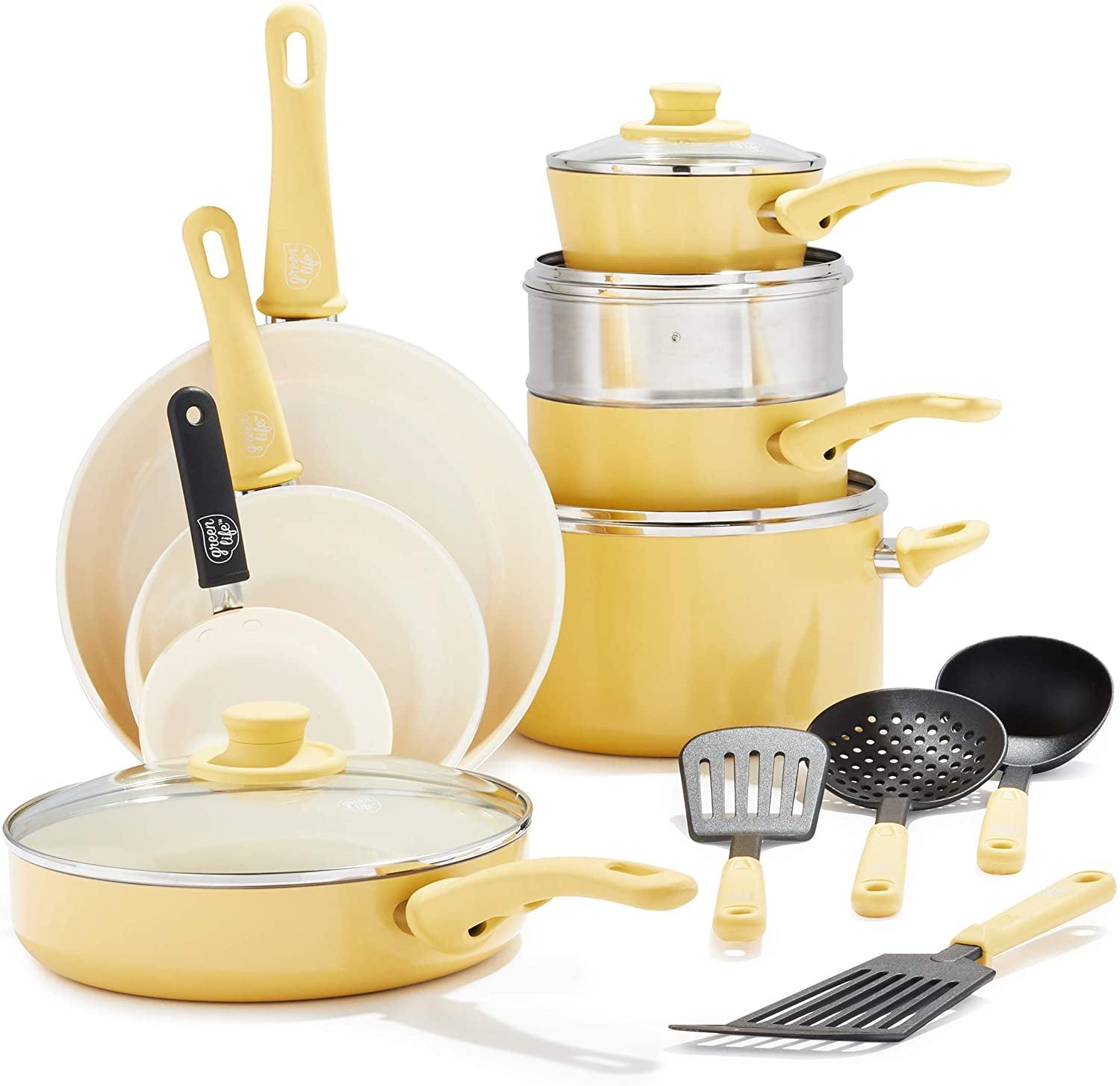 Yellow Ceramic Nonstick 16-Piece Cookware Set with Glass Lids