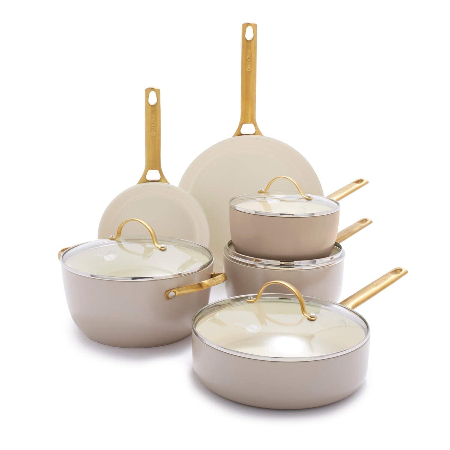 Taupe and Gold 10-Piece Anodized Nonstick Cookware Set