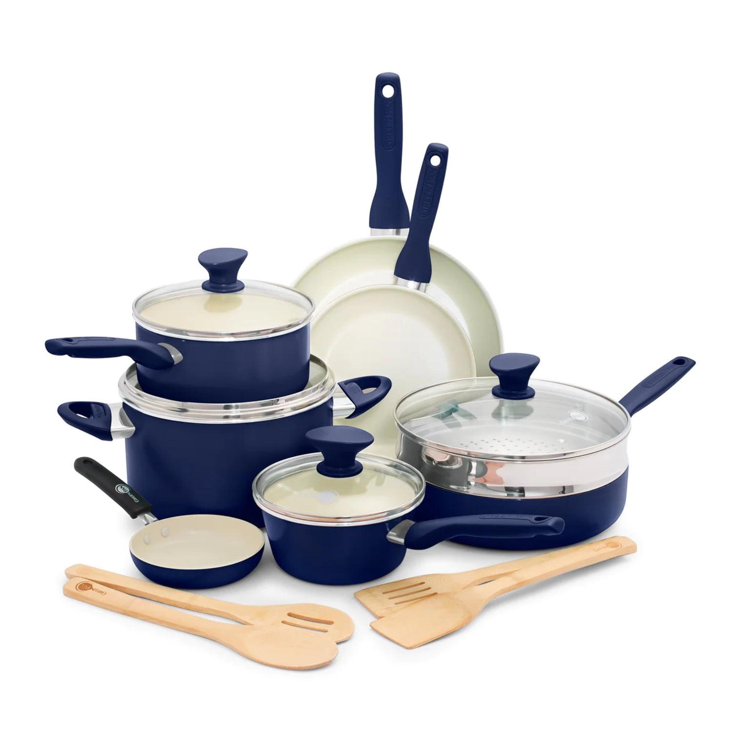 Blue 16-Piece Aluminum Nonstick Cookware Set with Glass Lids