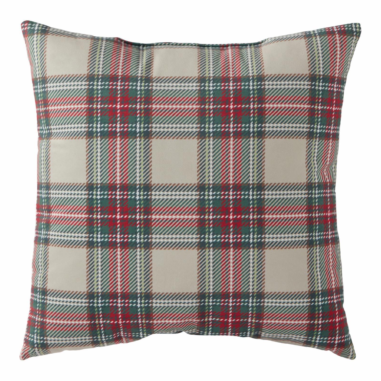 18-Inch Red and Green Plaid Cotton Holiday Throw Pillow