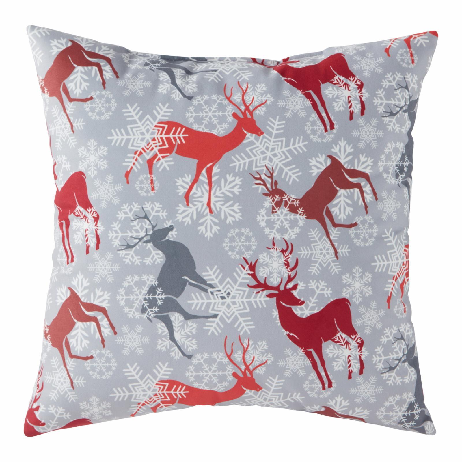 Gray and Red Reindeer Cotton Holiday Throw Pillow