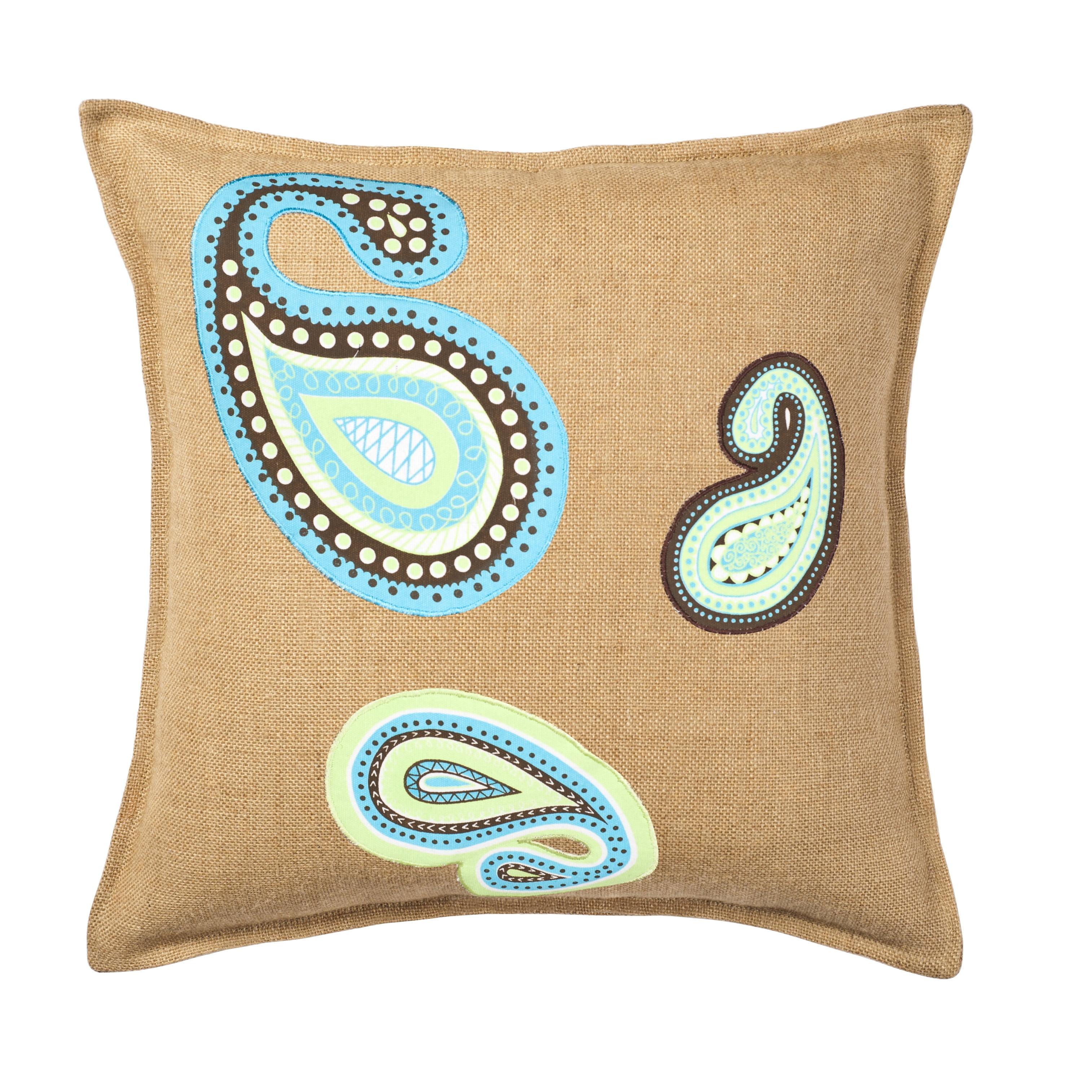 20" Square Burlap Paisley Applique Throw Pillow