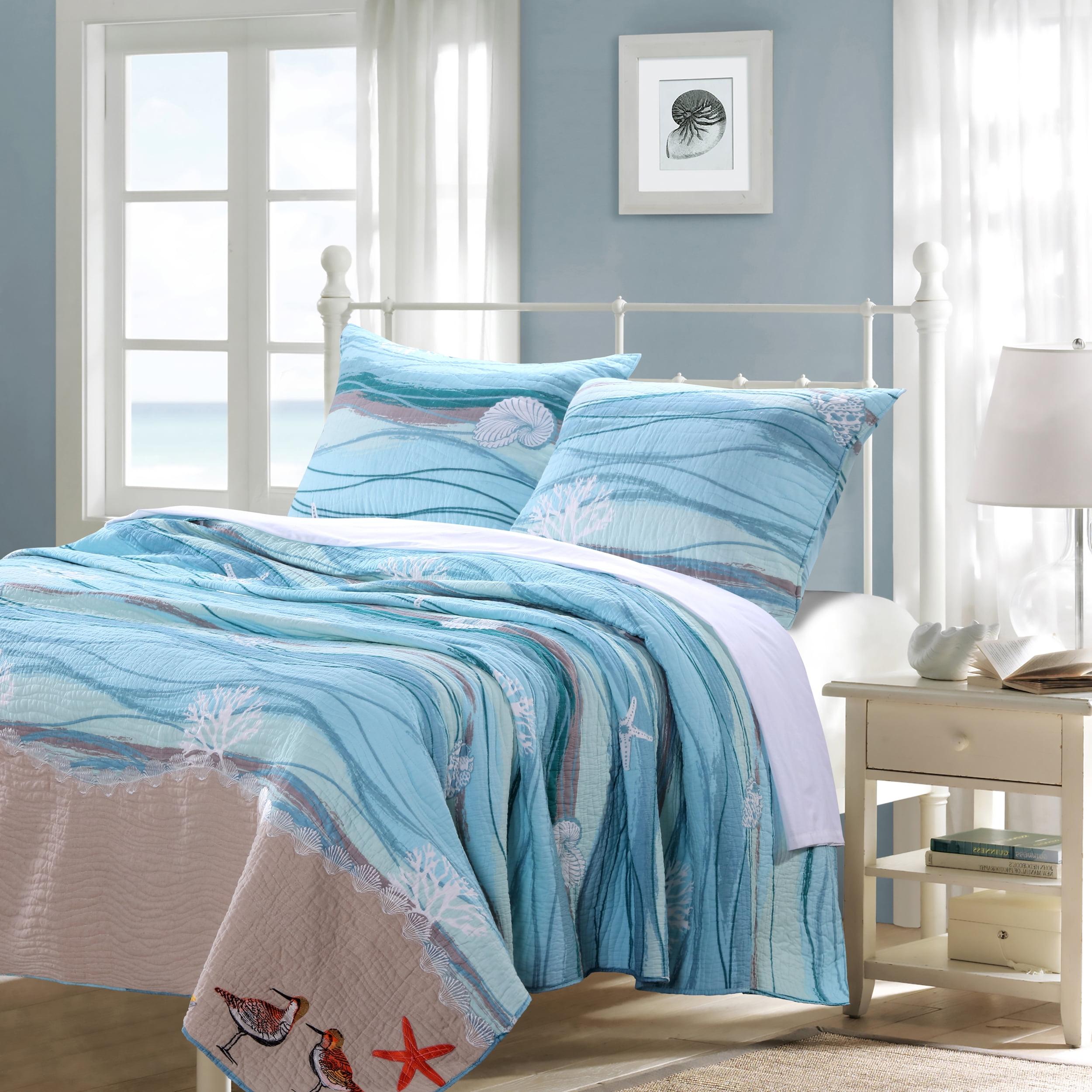 Maui Twin Blue Cotton Reversible Quilt and Sham Set