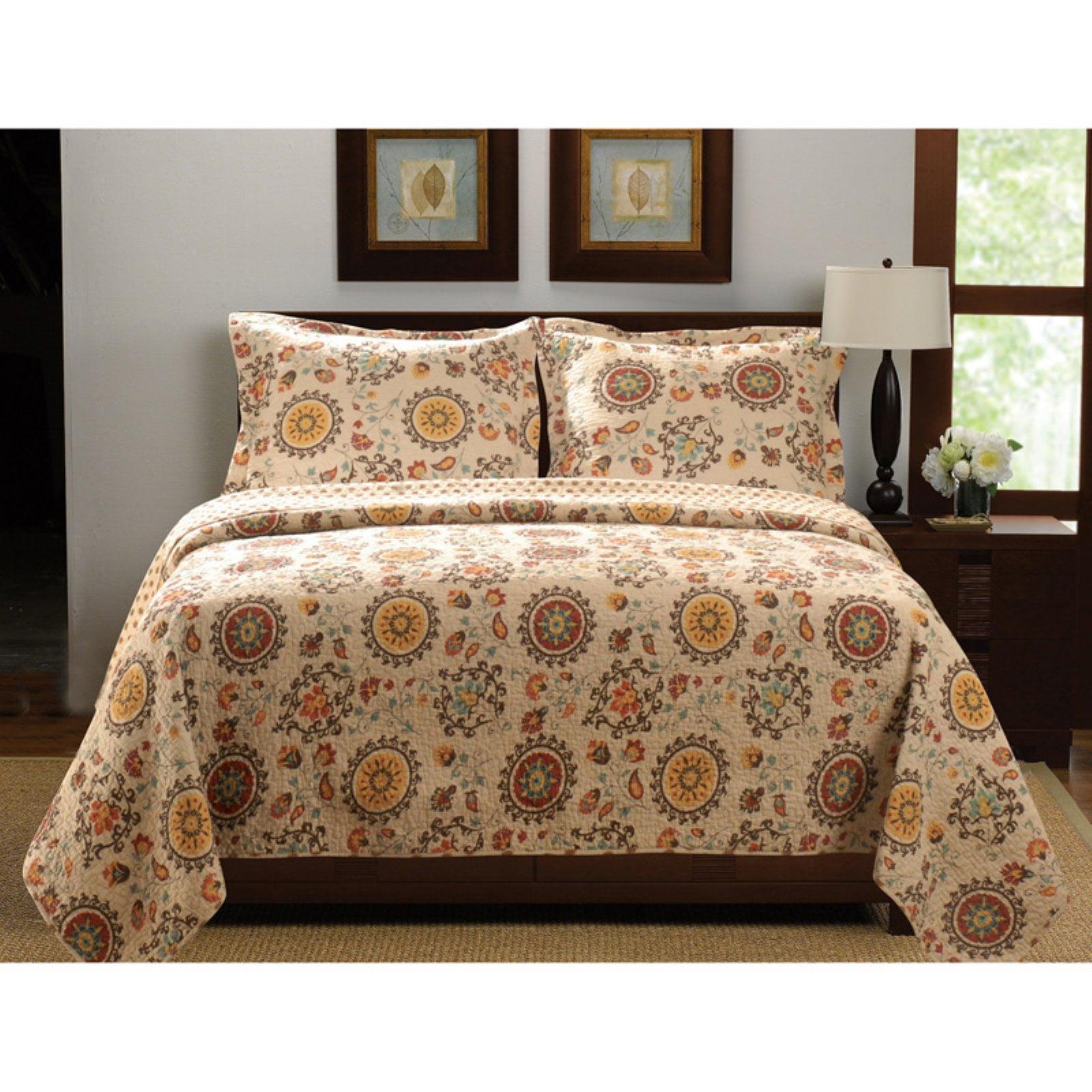 Greenland Home Fashions Andorra Quilt Set Cream/Brown/Mustard Yellow