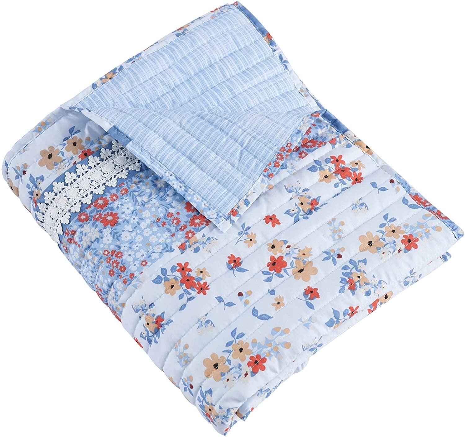 Light Blue Floral Lace Embellished Reversible Throw Blanket